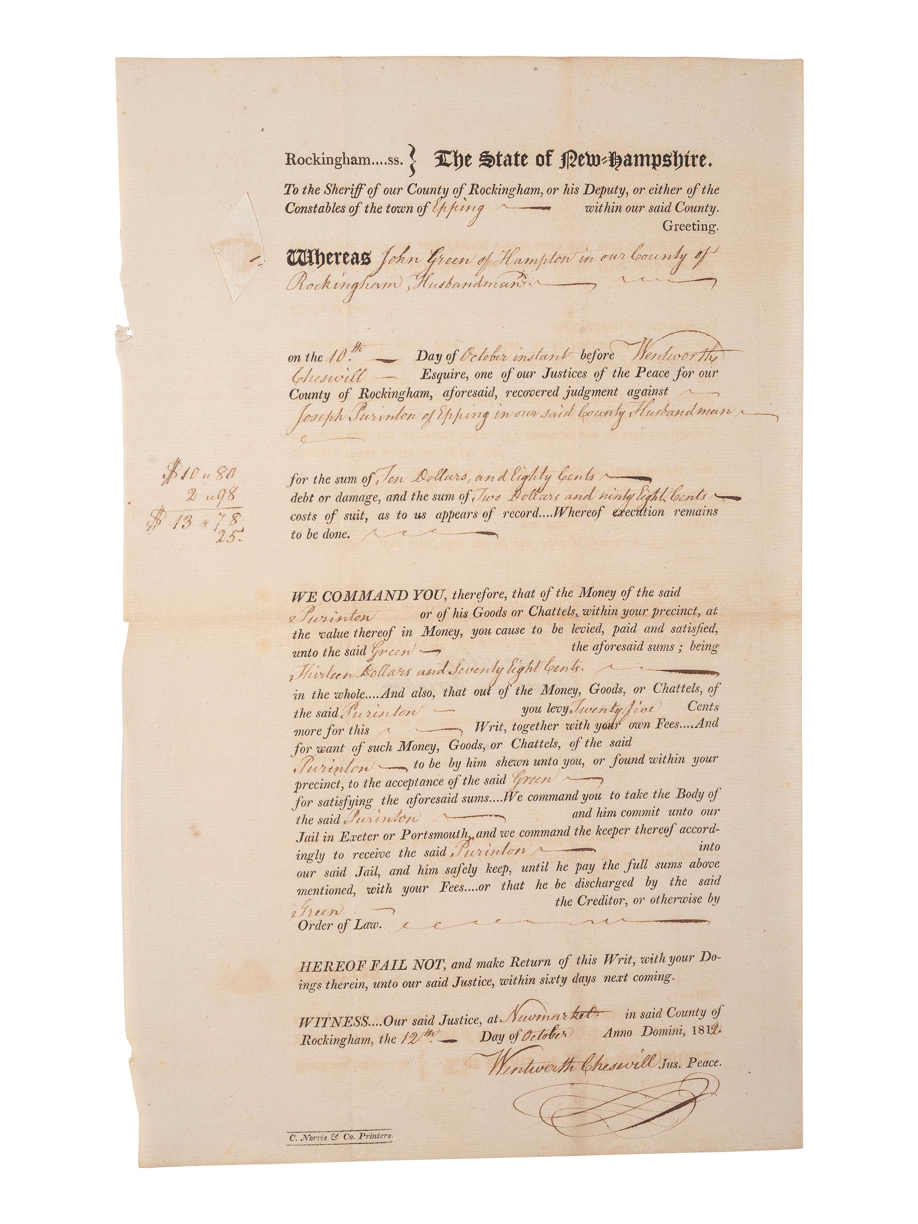 [REVOLUTIONARY WAR]. CHESWILL, Wentworth (1746-1817). Document signed ("Wentworth Cheswill") as Justice of the Peace. Newmarket, NH, 12 October 1812.