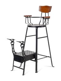 A Black-Painted Metal and Oak Shoeshine Chair