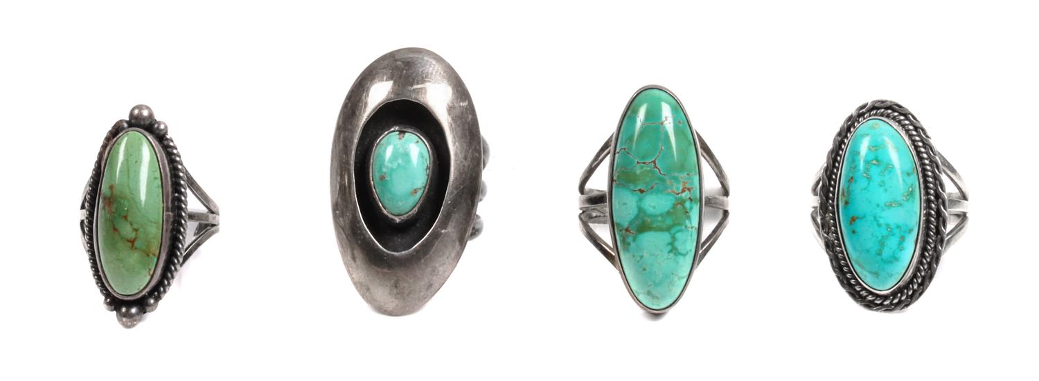 Four Southwestern Silver and Turquoise Rings