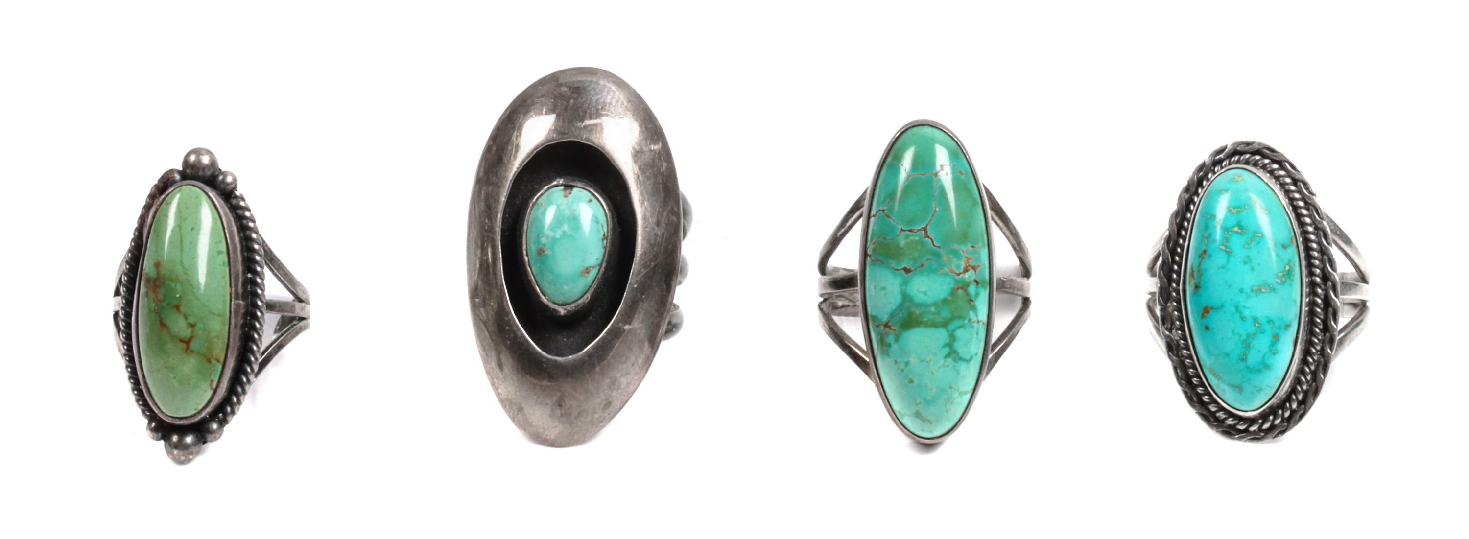 Four Southwestern Silver and Turquoise Rings