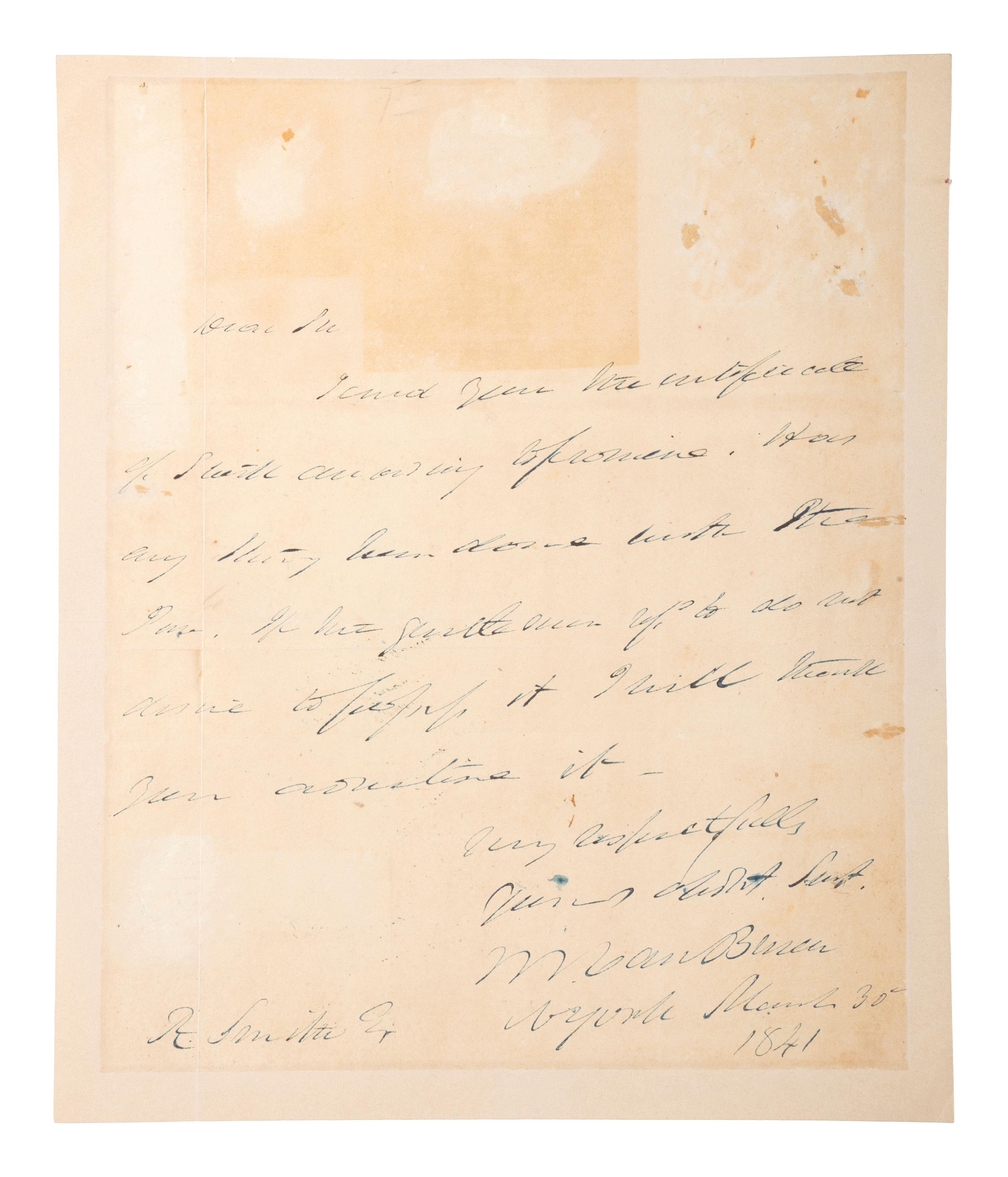 VAN BUREN, Martin (1782-1862). Autograph letter signed ("M. Van Buren") to A. Smith. New York, 30 March 1841. 1 page, 8vo, some offsetting, small separation at crease, mounted.