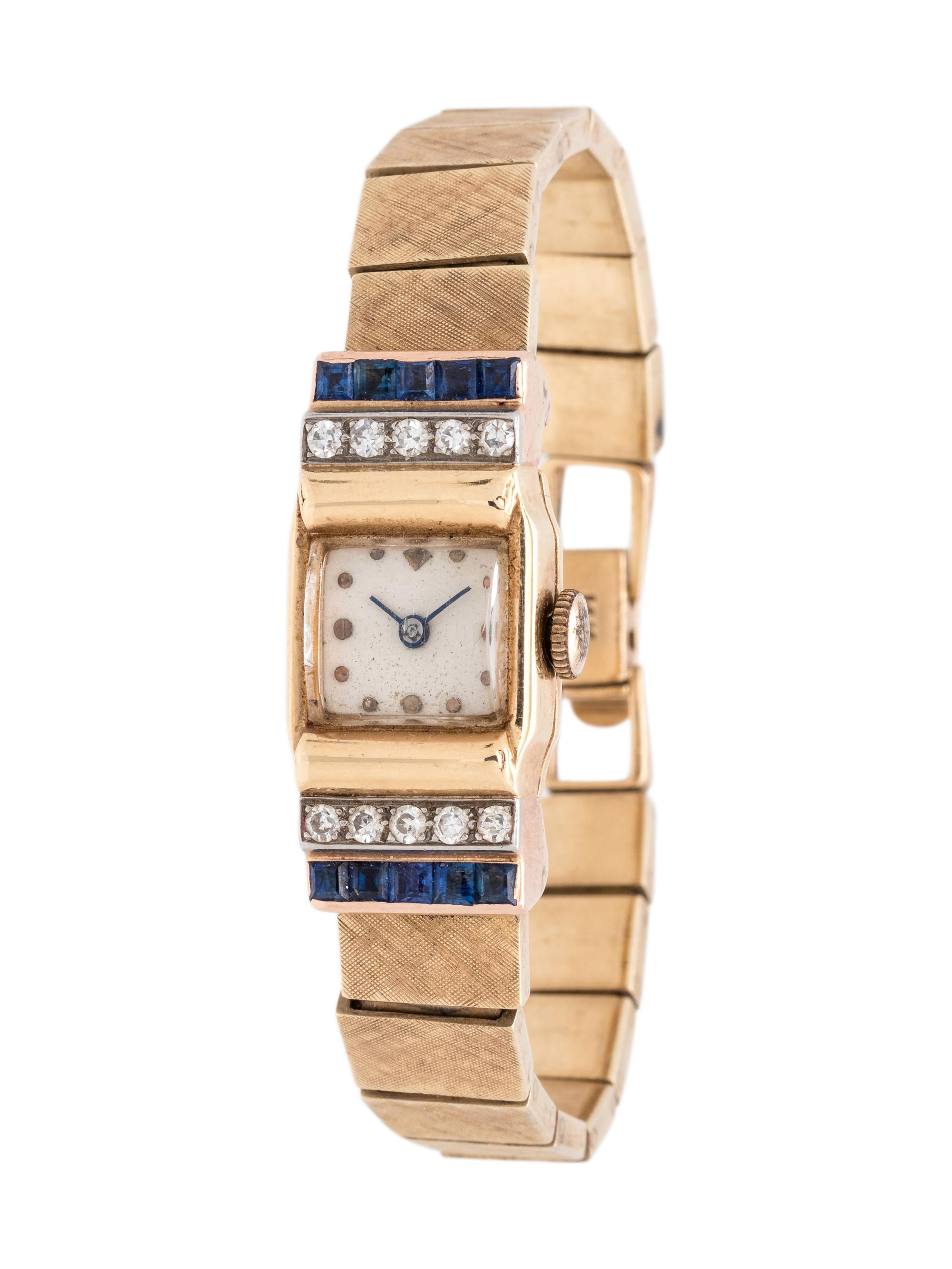 14K YELLOW GOLD, SYNTHETIC SAPPHIRE AND DIAMOND WRISTWATCH