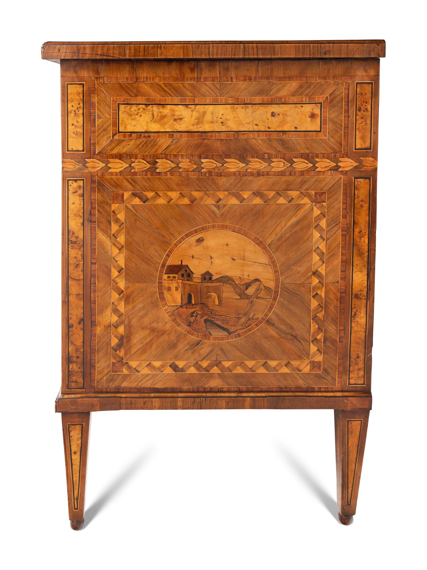 A Pair of North Italian Neoclassical Sans Traverse Walnut and Fruitwood Marquetry Commodes