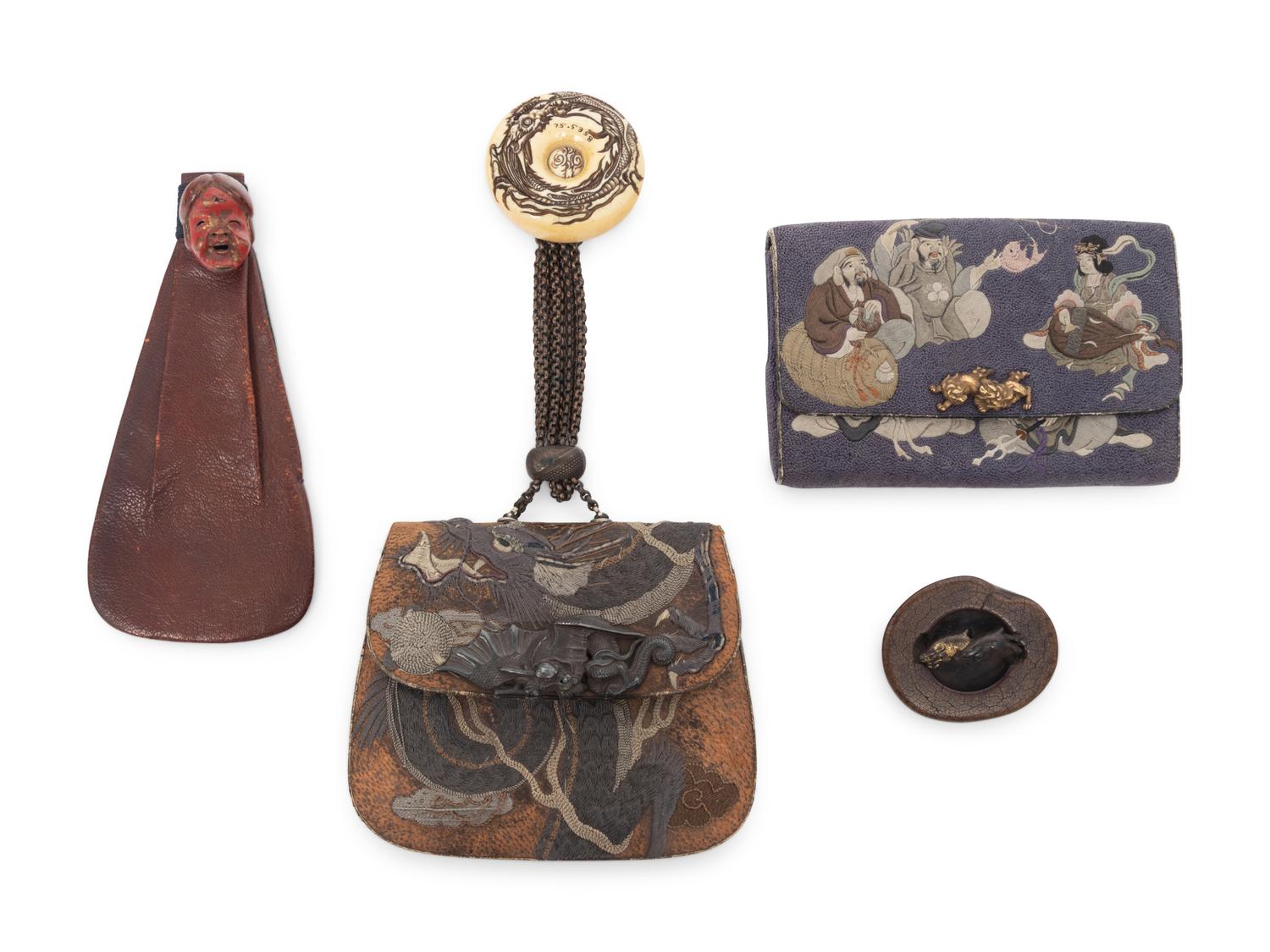 Three Japanese Painted Leather Tobacco Purses