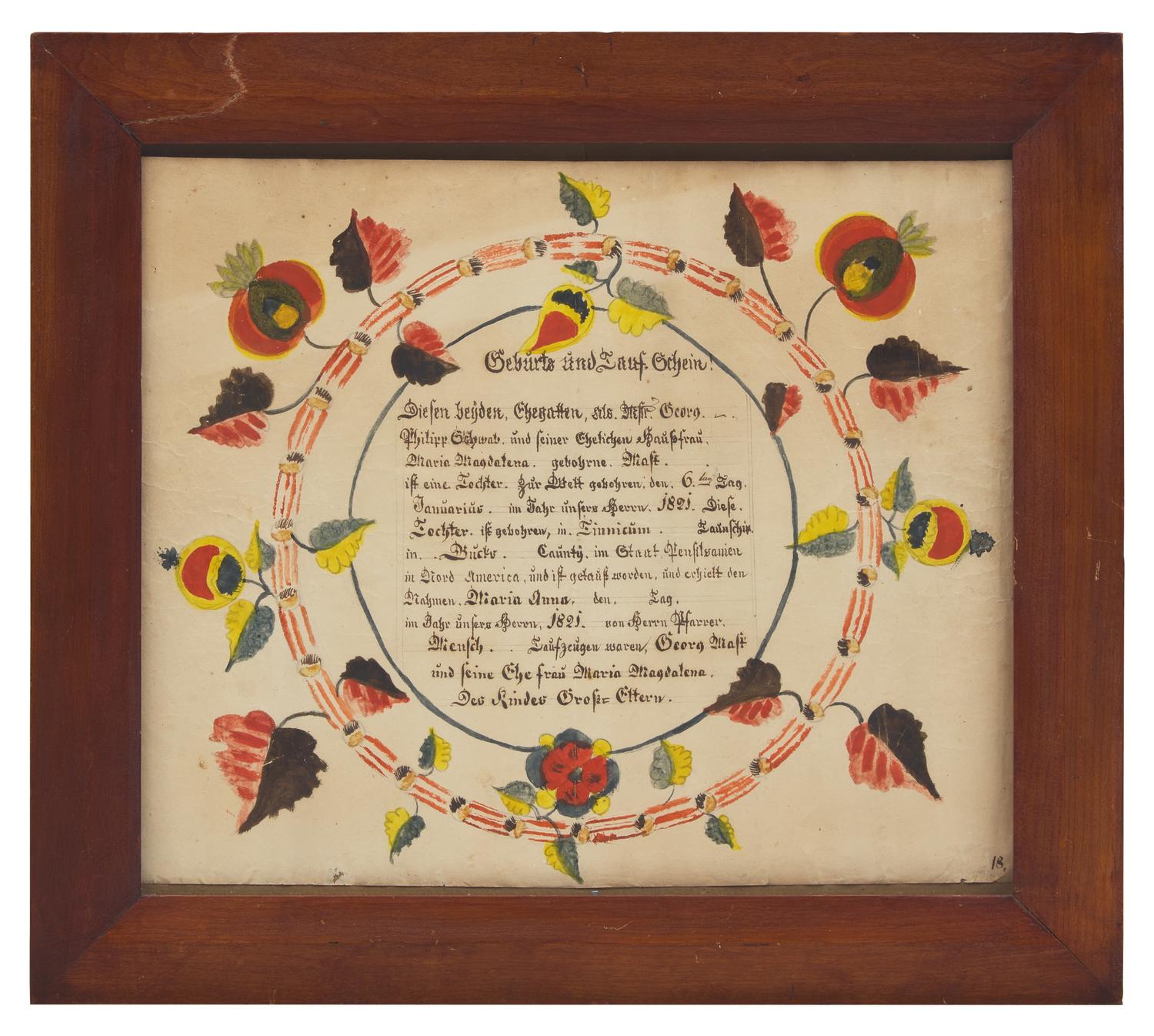 Attributed to Henry Wetzel (The Dotted One Artist, active 1810-1845), A Birth Record for Maria Anna Schwab