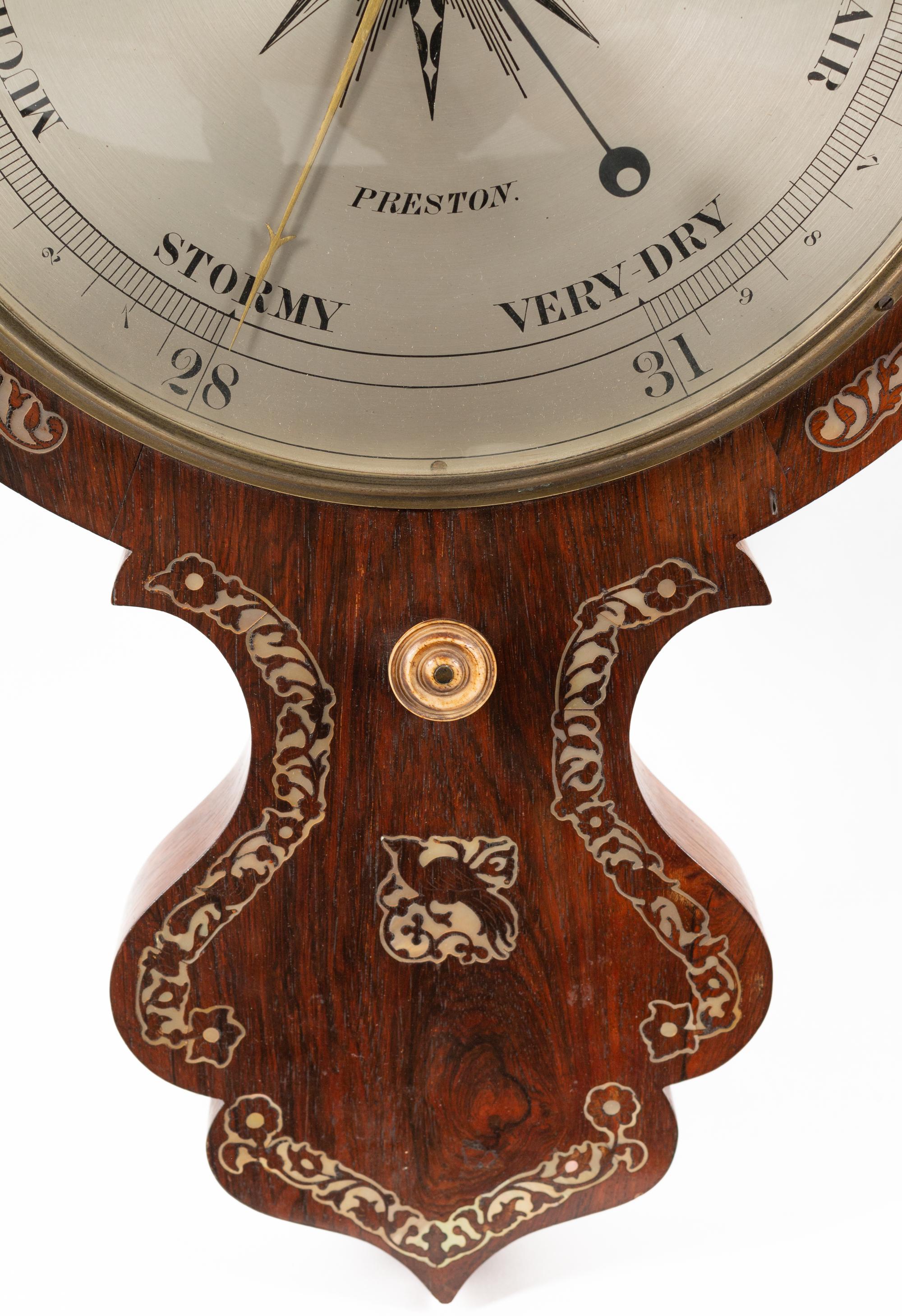 An English Mother-of-Pearl Inlaid Rosewood Wheel Barometer