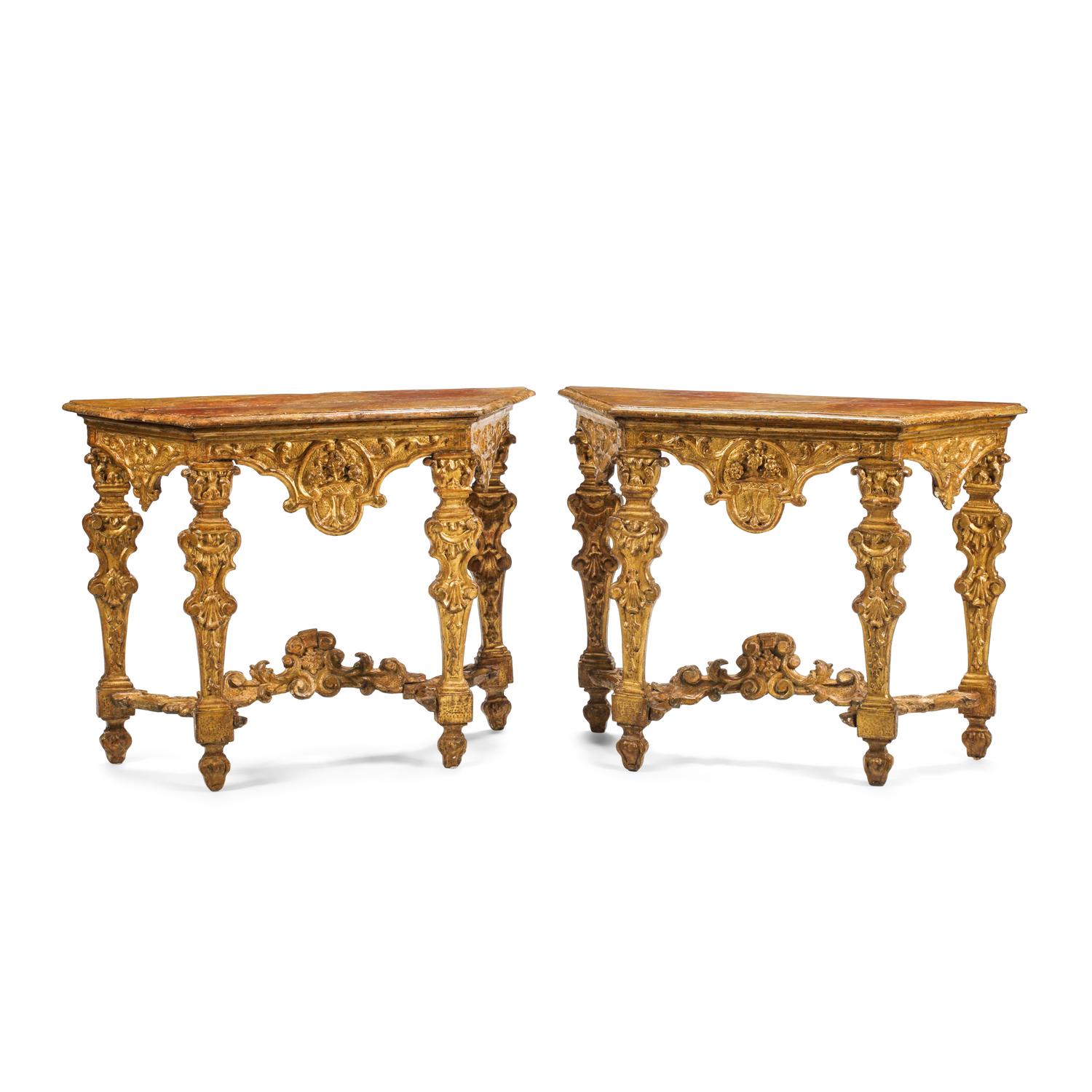 A Pair of Italian Baroque Carved Giltwood Console Tables