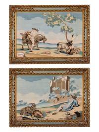 A Pair of Italian Silk and Metallic Thread Embroidered Landscape Panels by Marianna Elmo (b. 1730)