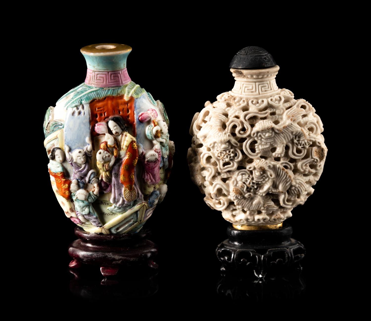 Two Chinese Carved and Molded Porcelain Snuff Bottles
