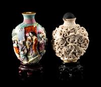 Two Chinese Carved and Molded Porcelain Snuff Bottles