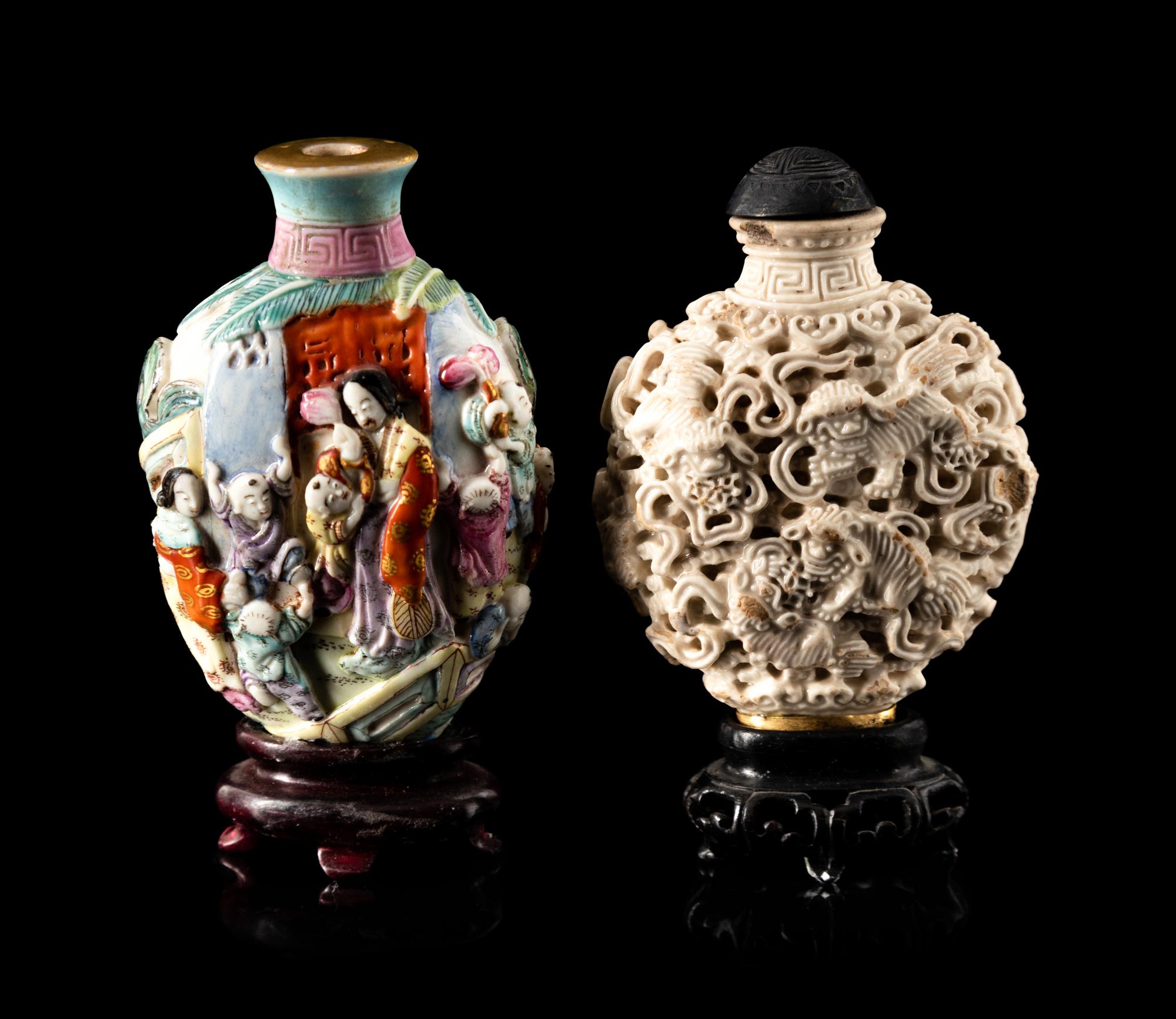 Two Chinese Carved and Molded Porcelain Snuff Bottles