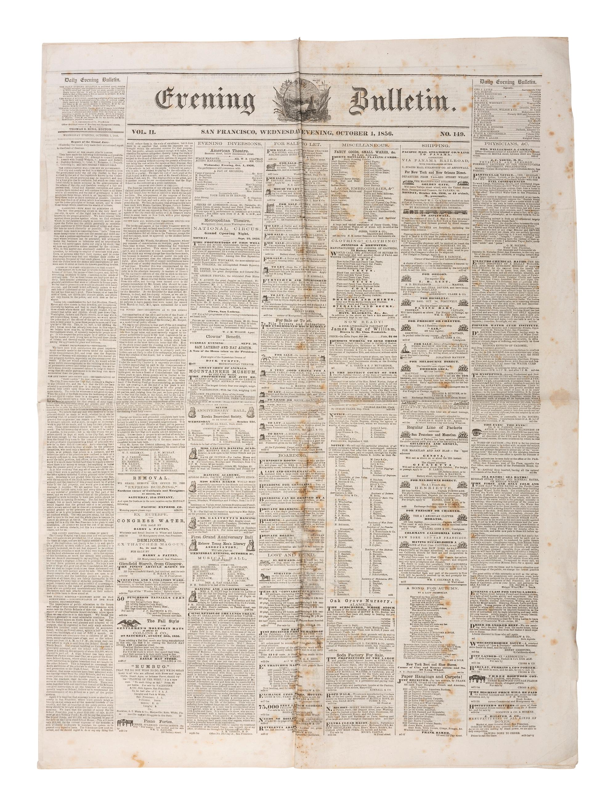 [CALIFORNIA -- CIVIL WAR]. Evening Bulletin. San Francisco, CA. 120+ issues, 1856 & 1863.