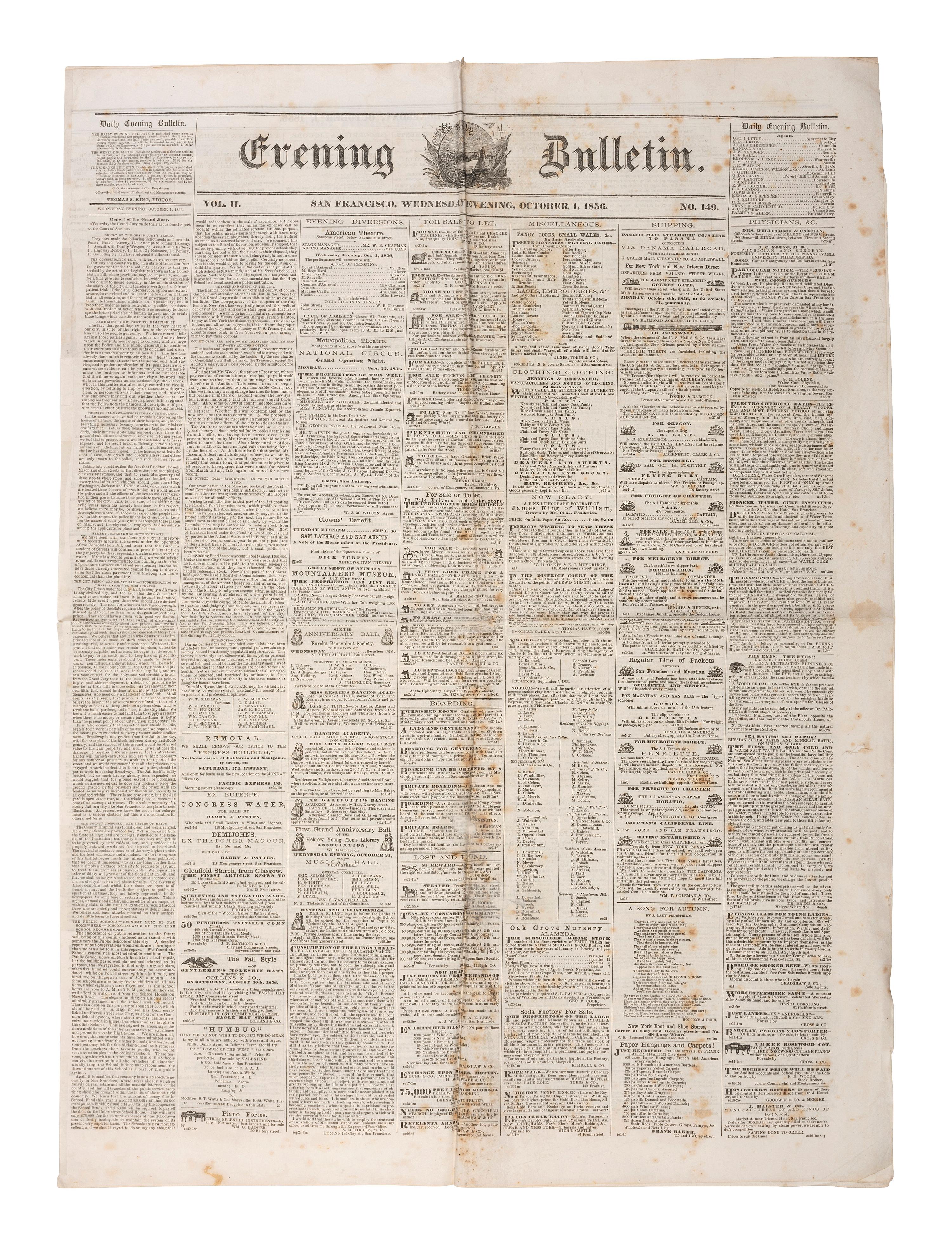 [CALIFORNIA -- CIVIL WAR]. Evening Bulletin. San Francisco, CA. 120+ issues, 1856 & 1863.