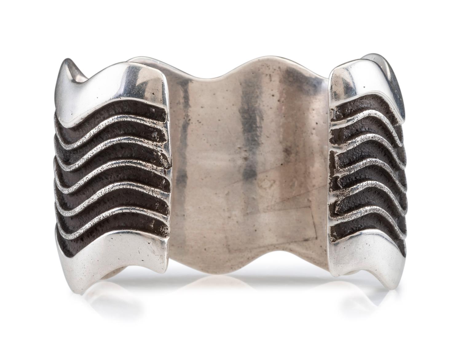 Silver Tufa Cast Wave Cuff Bracelet, set with Coral and Turquoise in 14K Gold Bezels