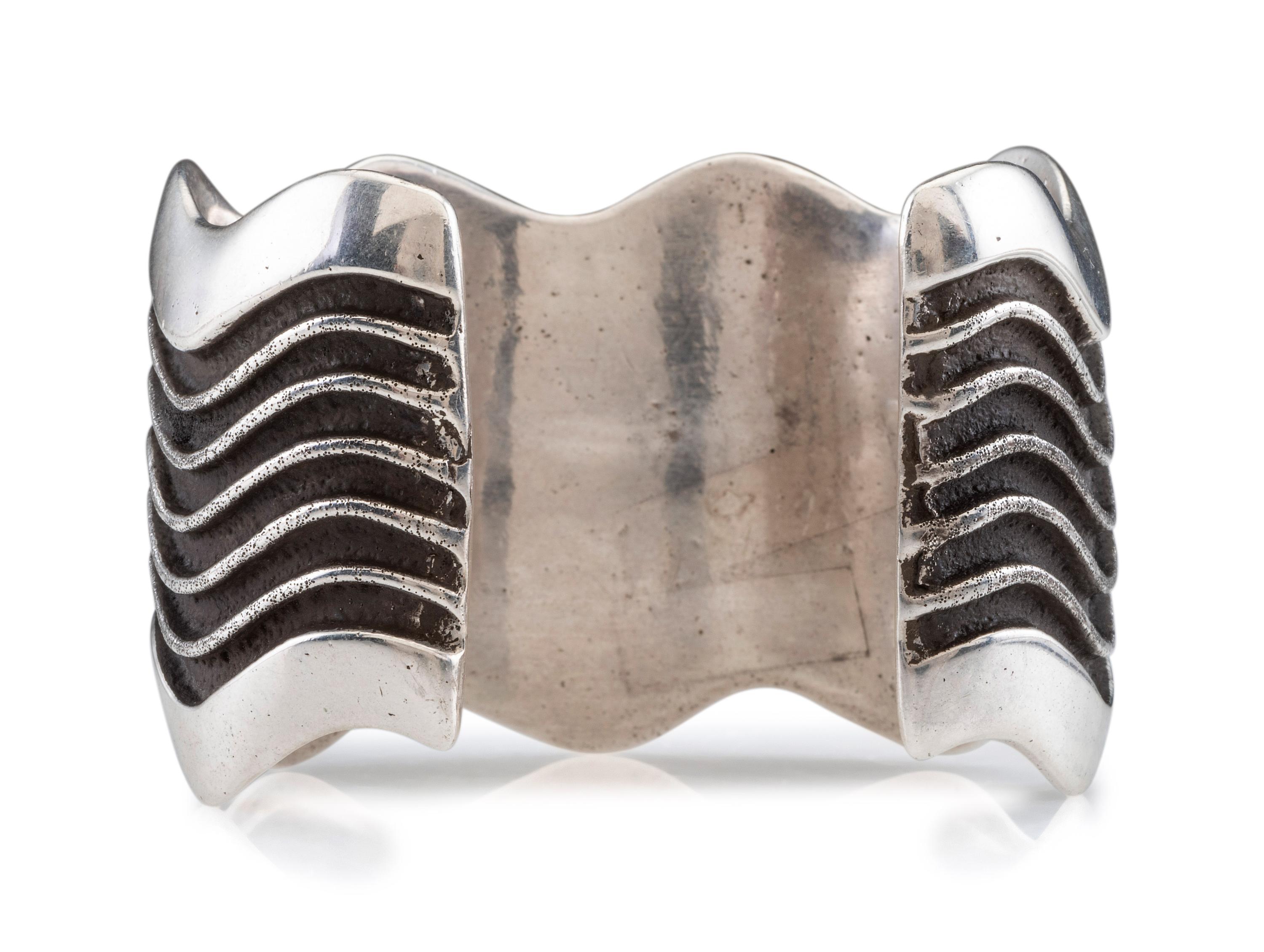 Silver Tufa Cast Wave Cuff Bracelet, set with Coral and Turquoise in 14K Gold Bezels