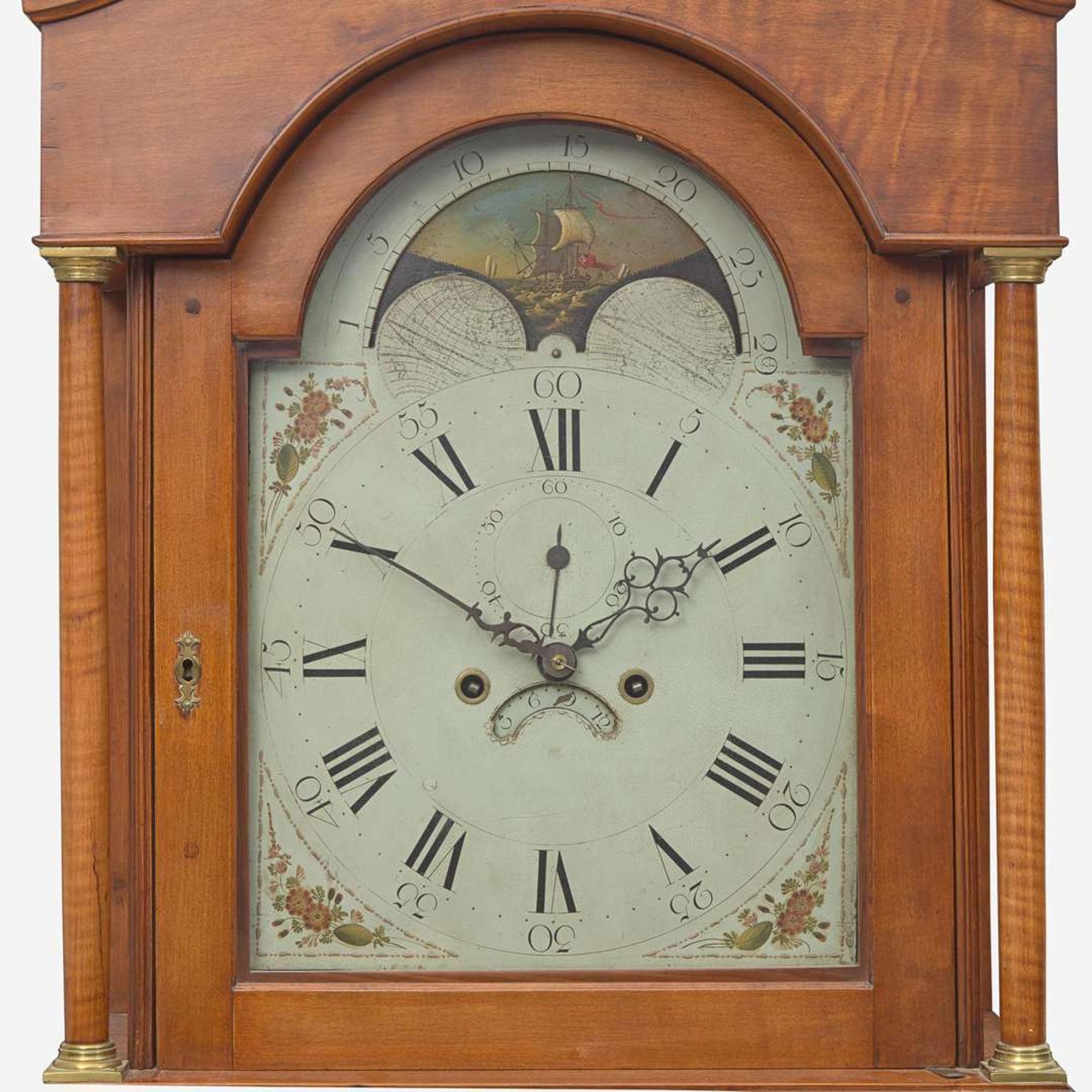 A Federal carved maple tall case clock Works signed Timothy Chandler (1762-1848), Concord, NH, the case attributed to David Young, Hopkinton, NH, circa 1800