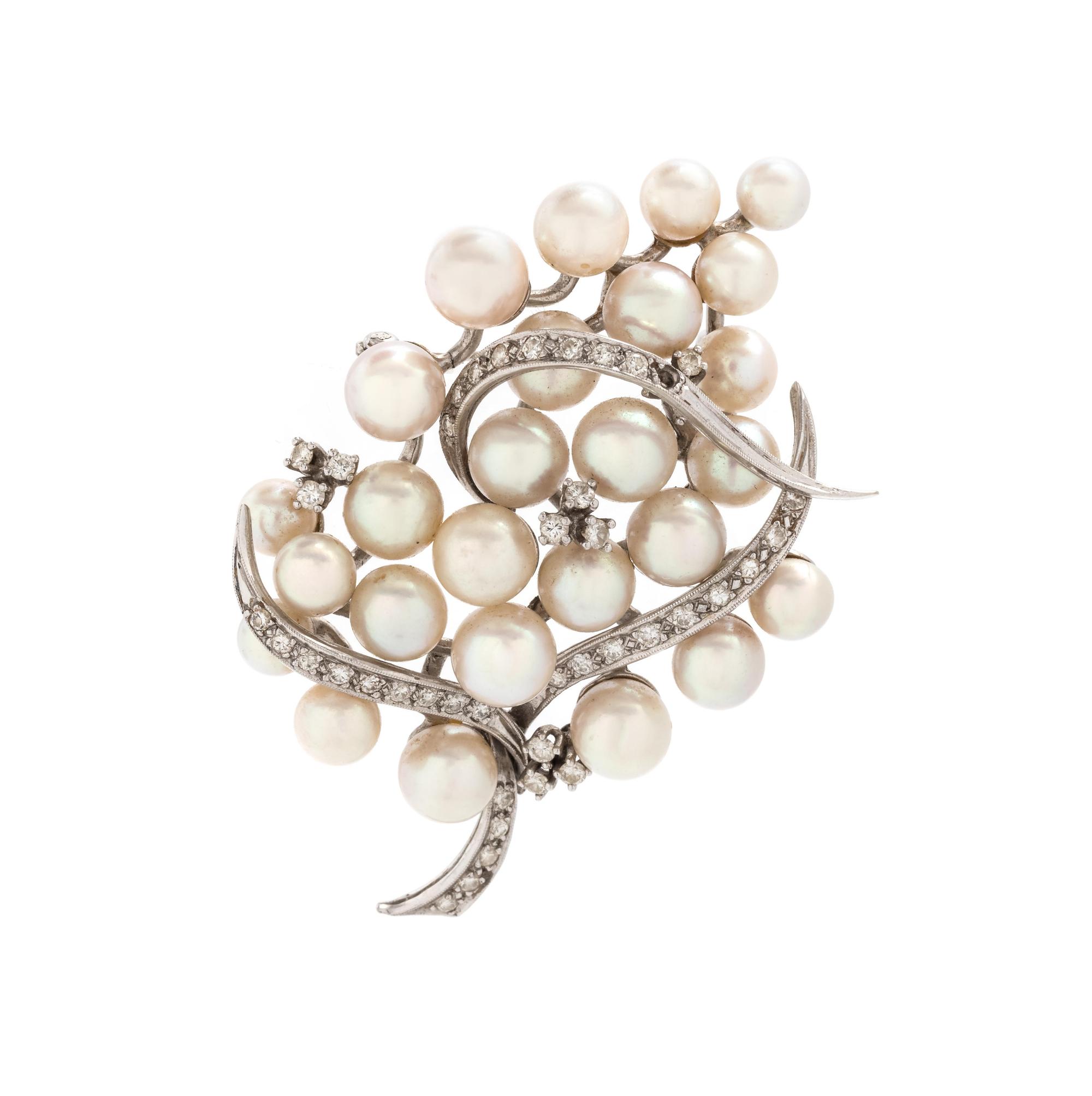 CULTURED PEARL AND DIAMOND BROOCH