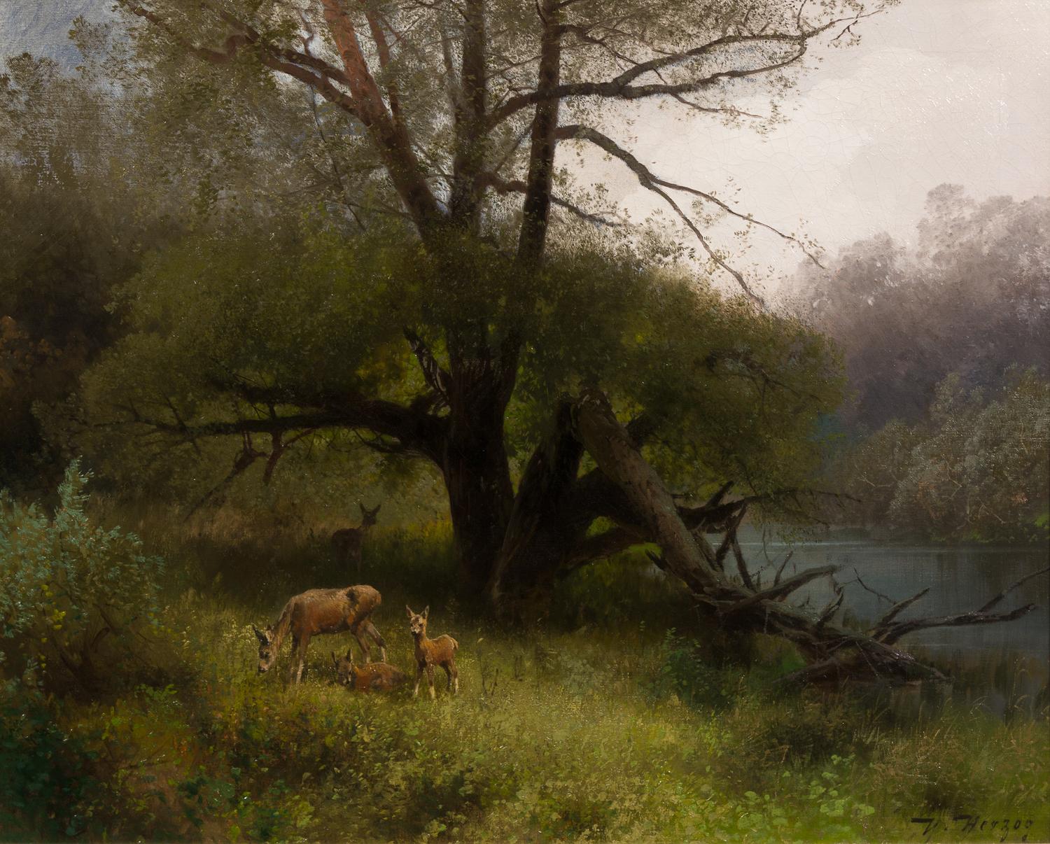 Hermann Herzog, (American/German, 1832-1932), Deer Family