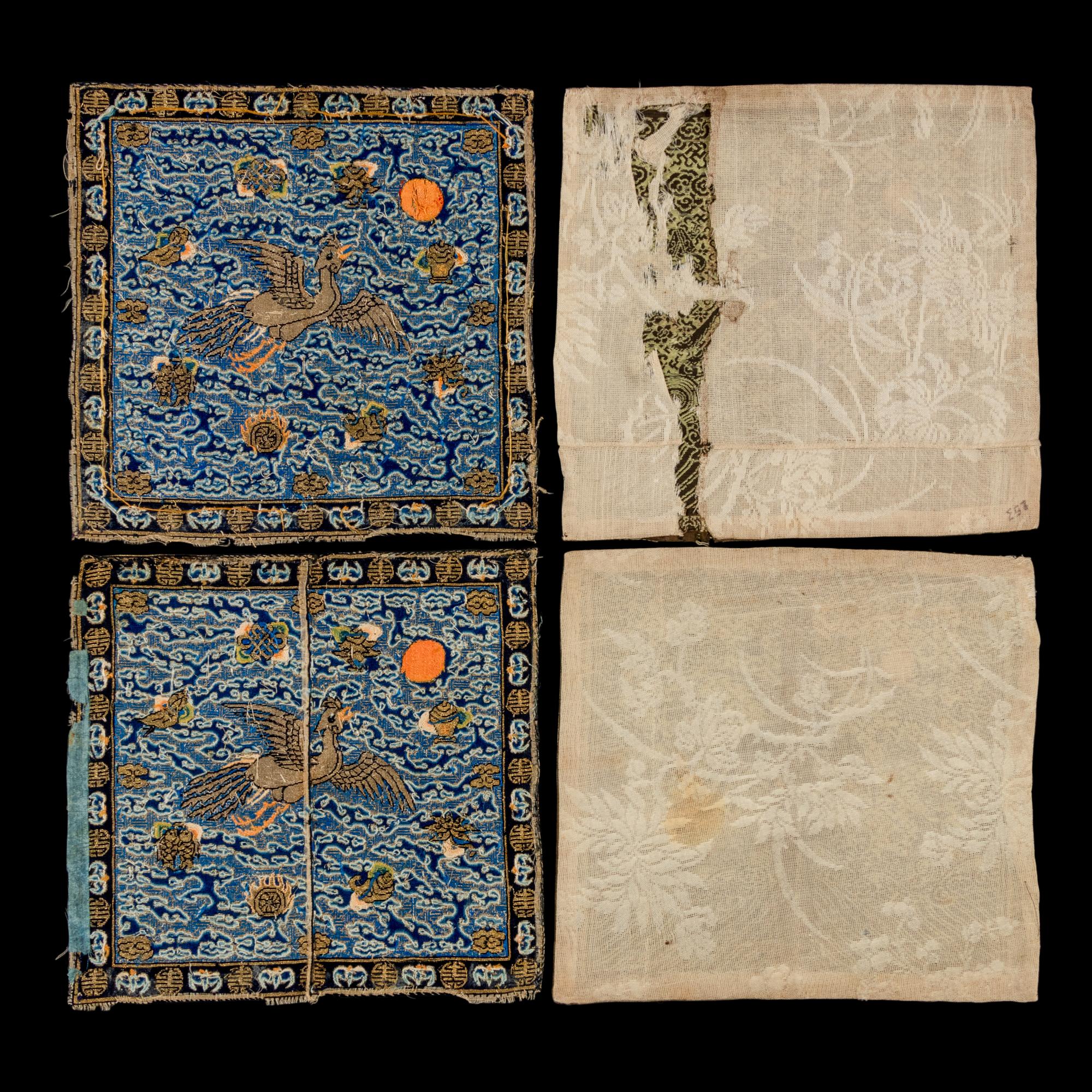 Two Pairs of Chinese Silk Brocade Civil Official's Rank Badges, 19th Century 清晚期 織錦文官補子兩對