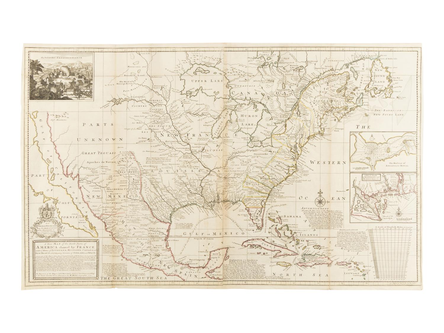 [MAP]. MOLL, Herman (1654-1732). A New Map of the North Parts of America claimed by France under ye Names of Louisiana, Mississippi, Canada and New France... London: Sold by H. Moll…in the Strand…sold by Tho: Bowles…in St. Paul’s Church Yard, John King…in ye Poultry…and John Bowles at the Black Horse Cornhill, 1720.