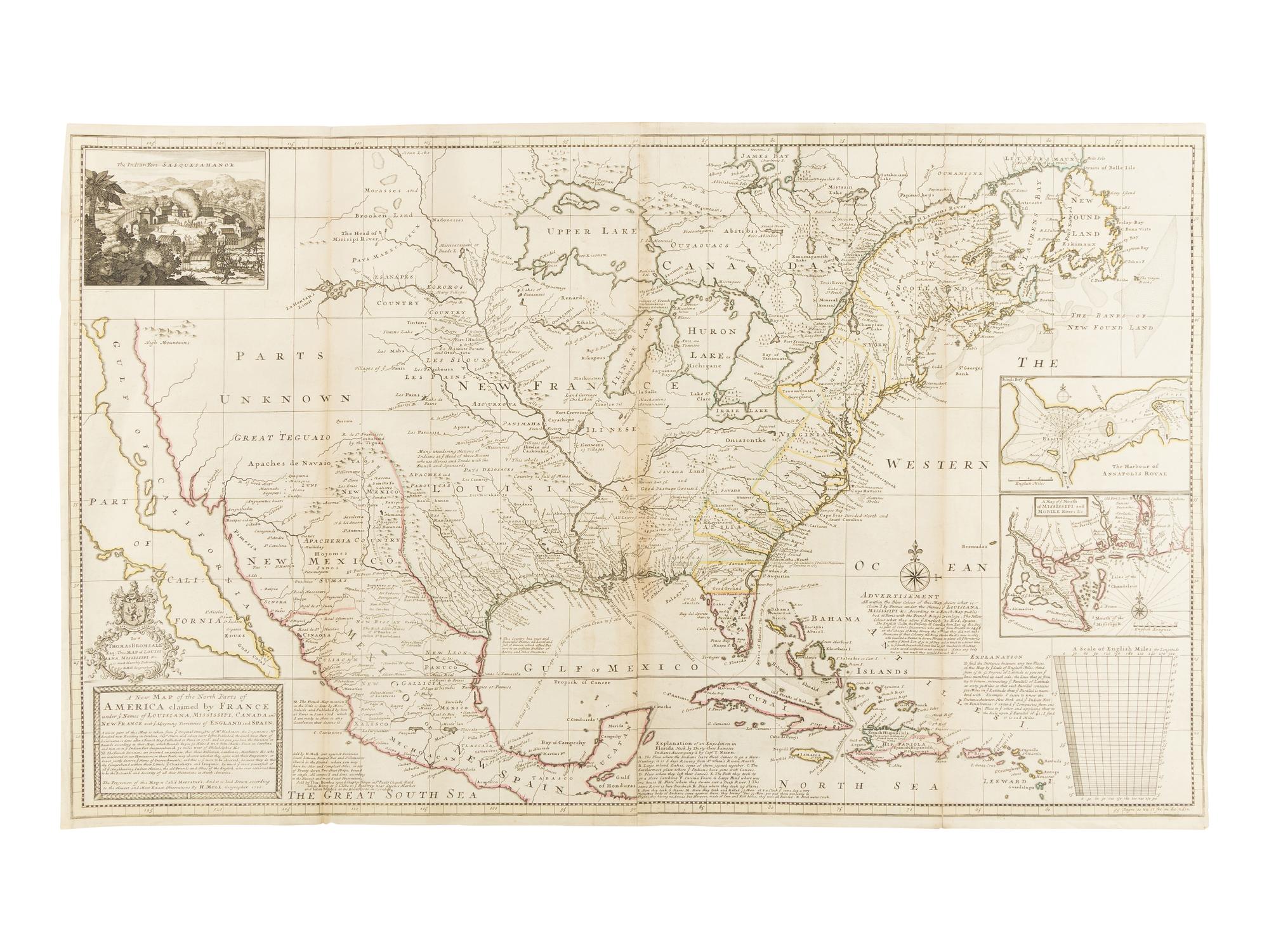 [MAP]. MOLL, Herman (1654-1732). A New Map of the North Parts of America claimed by France under ye Names of Louisiana, Mississippi, Canada and New France... London: Sold by H. Moll…in the Strand…sold by Tho: Bowles…in St. Paul’s Church Yard, John King…in ye Poultry…and John Bowles at the Black Horse Cornhill, 1720.