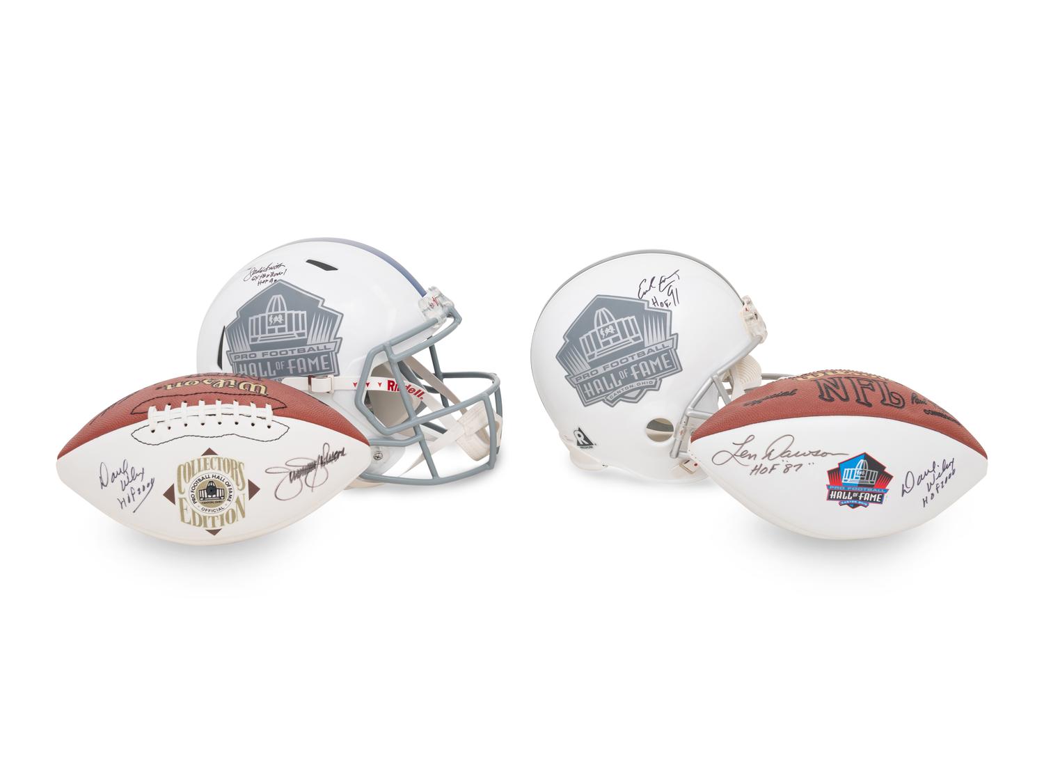 A Collection of Signed Pro Football Hall of Fame Helmets and Footballs Including Len Dawson and Earl Campbell
