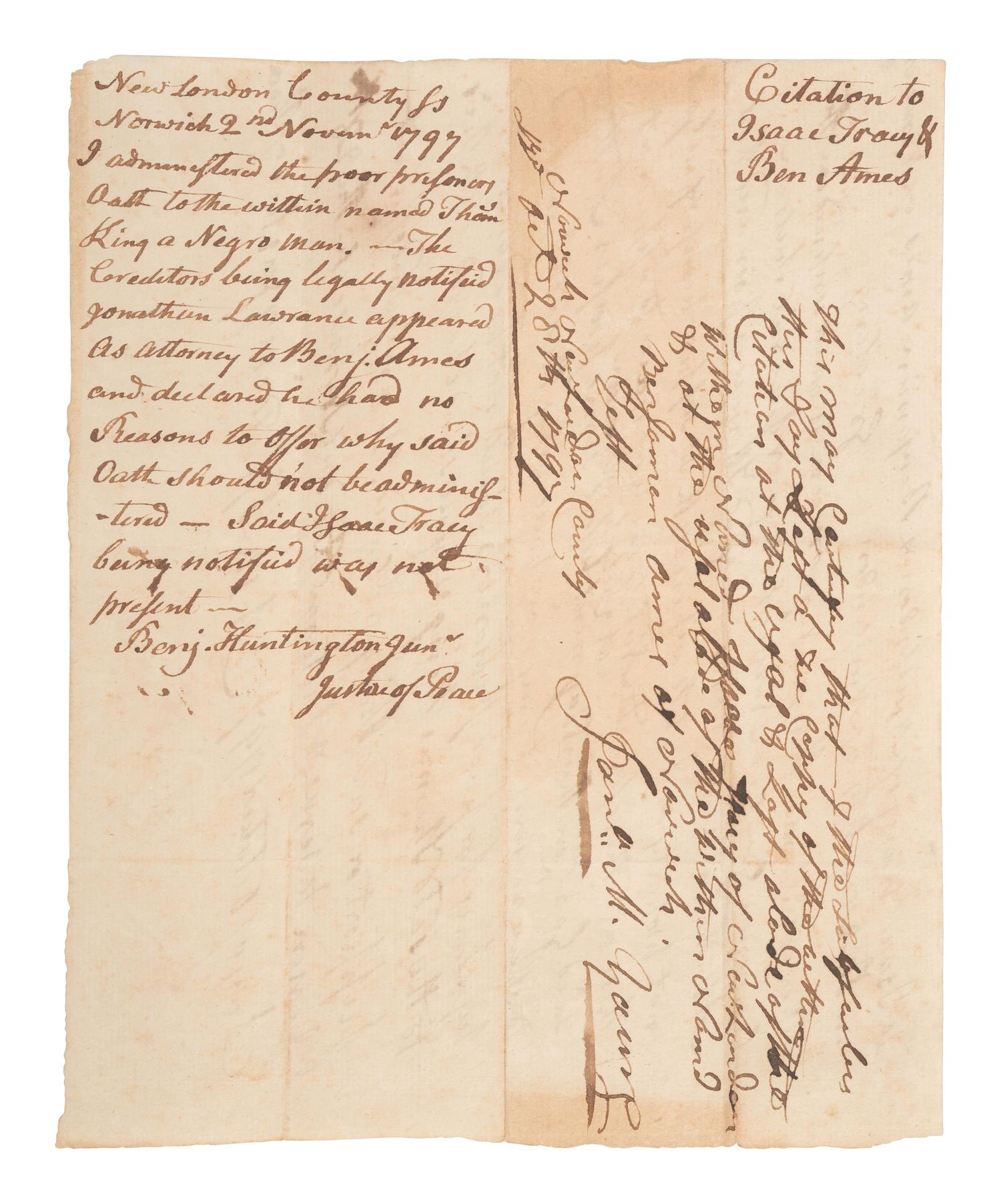 [AFRICAN AMERICANA]. Manuscript legal document related to the case of "Thomas King a Negro man" who was in debtor's prison. Norwich, [Connecticut]. 28 October 1797.