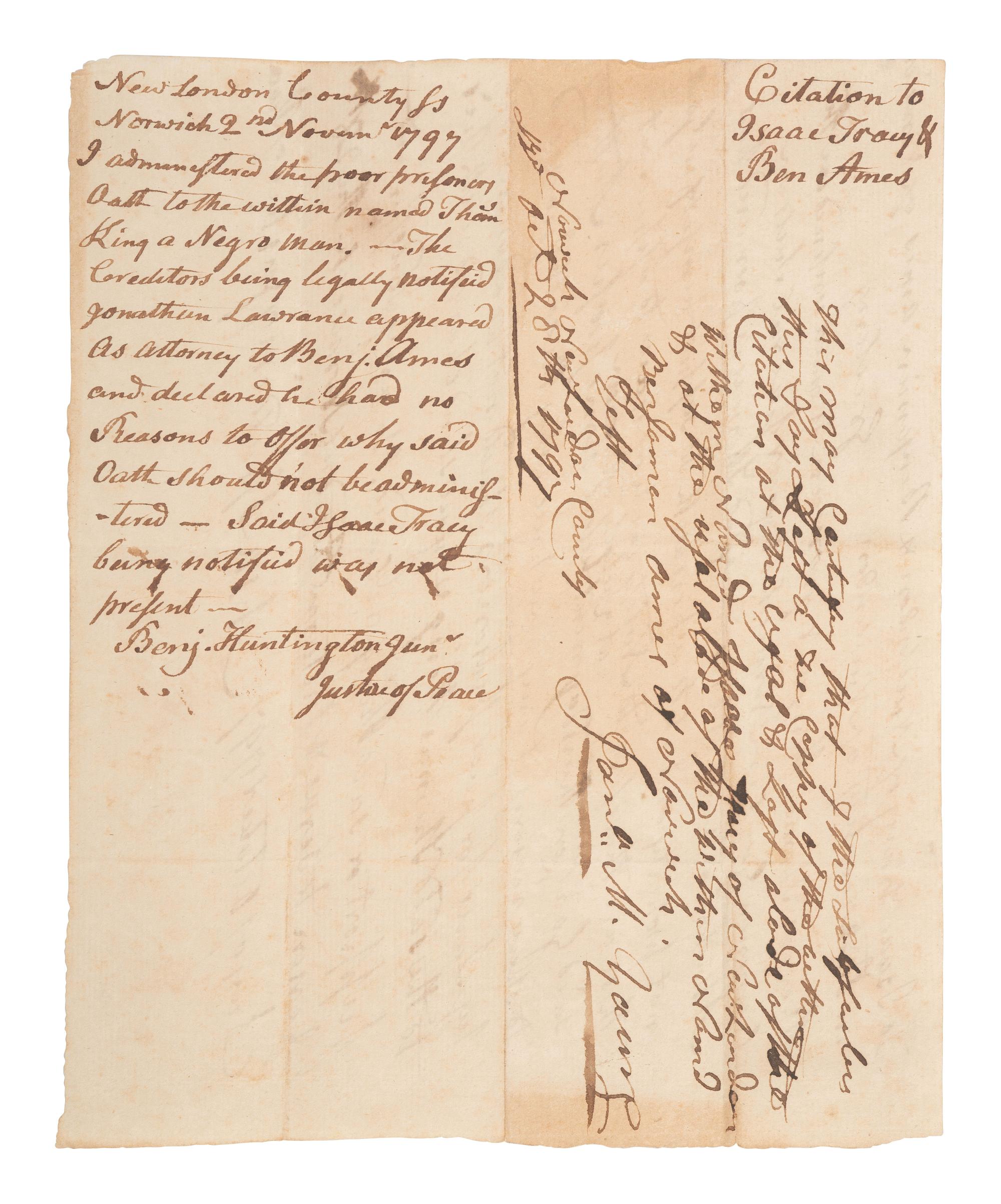 [AFRICAN AMERICANA]. Manuscript legal document related to the case of "Thomas King a Negro man" who was in debtor's prison. Norwich, [Connecticut]. 28 October 1797.