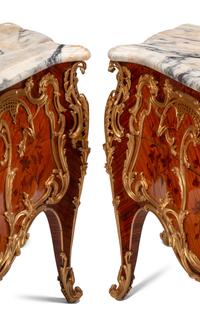 A Pair of Louis XV Style Gilt Bronze Mounted Marquetry Marble-Top Commodes