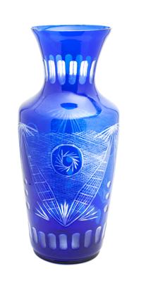 A Large Cut to Clear Cobalt Glass Vase Height 25 inches.