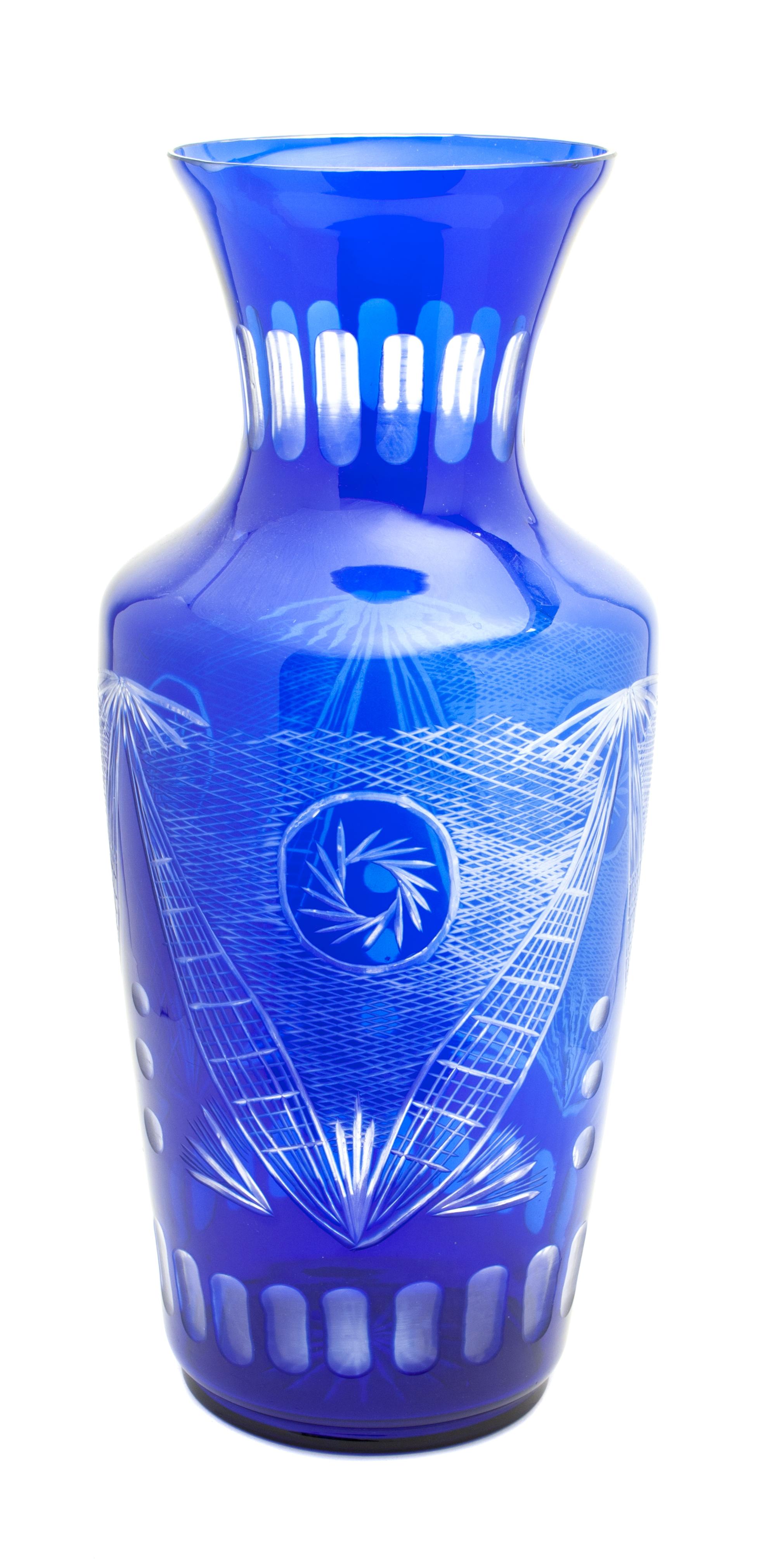 A Large Cut to Clear Cobalt Glass Vase Height 25 inches.