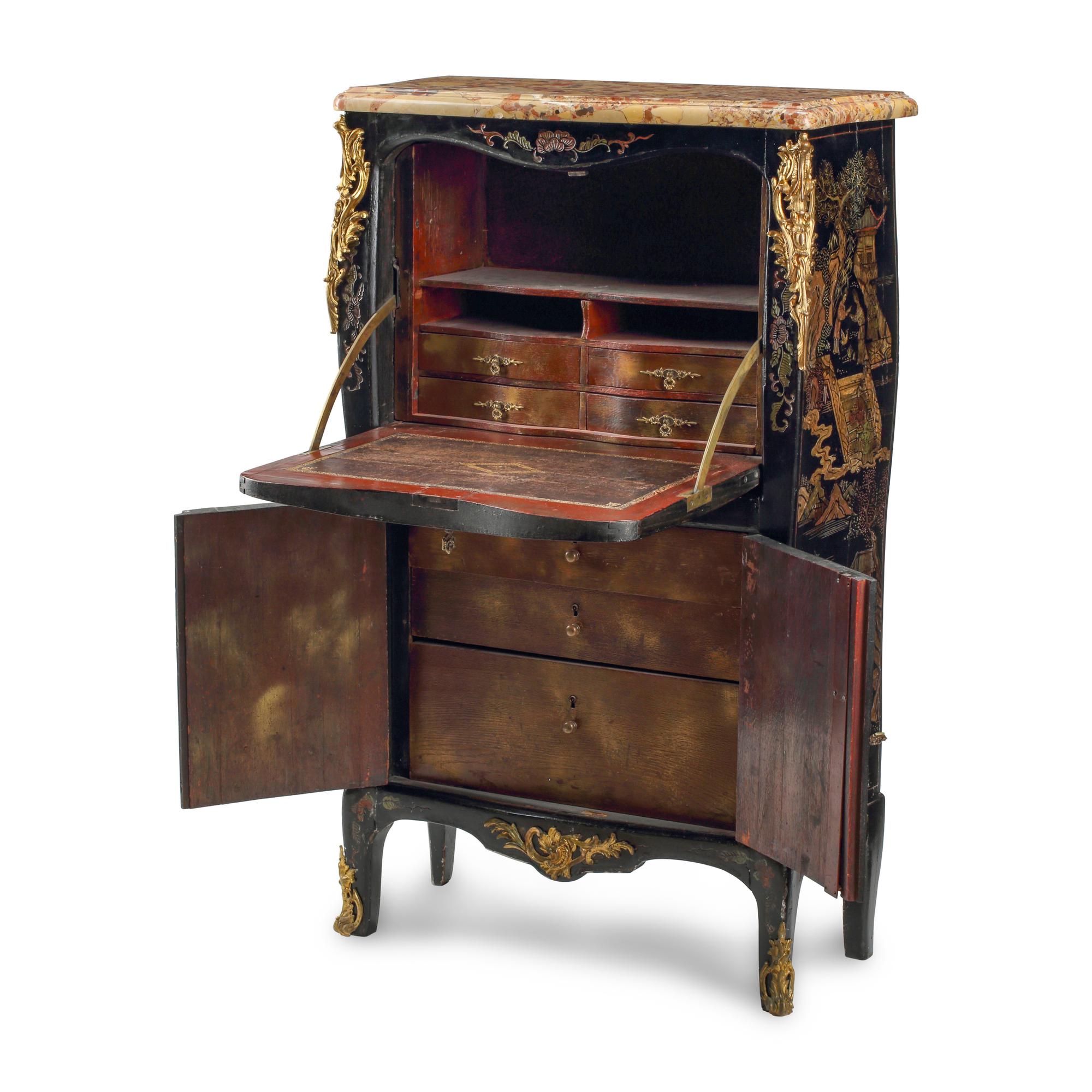 A Louis XV Style Lacquer and Gilt Bronze Mounted Secrétaire à Abattant