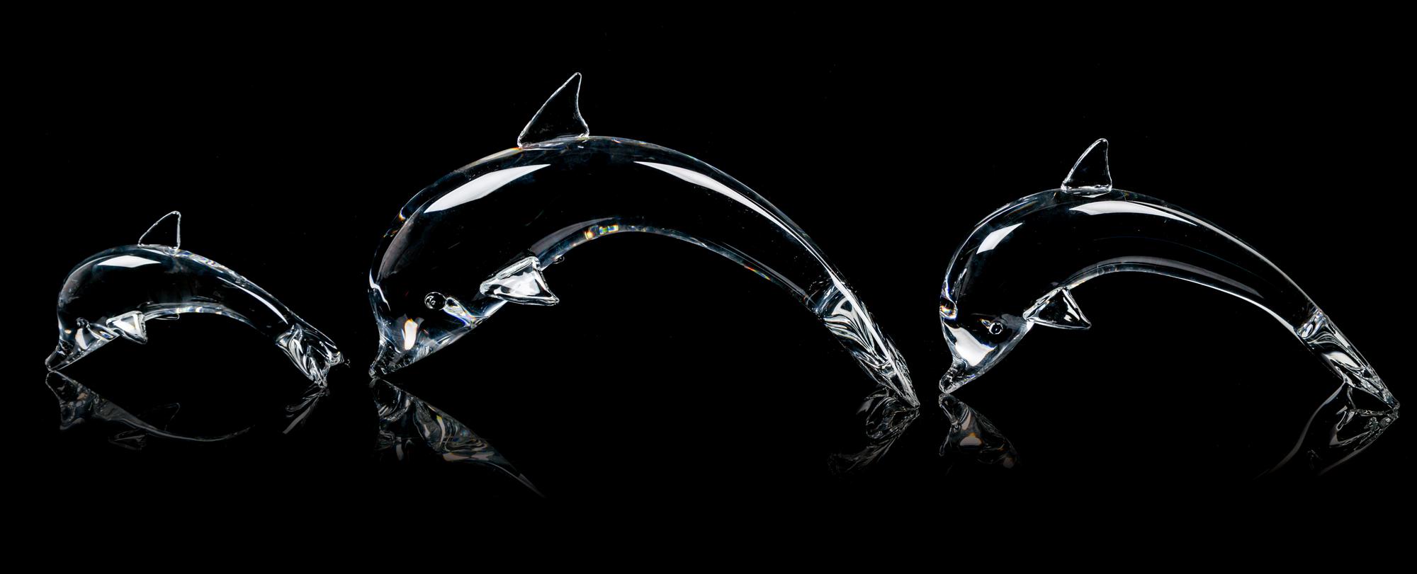Three Steuben Dolphins Length of largest 11 1/2 inches.