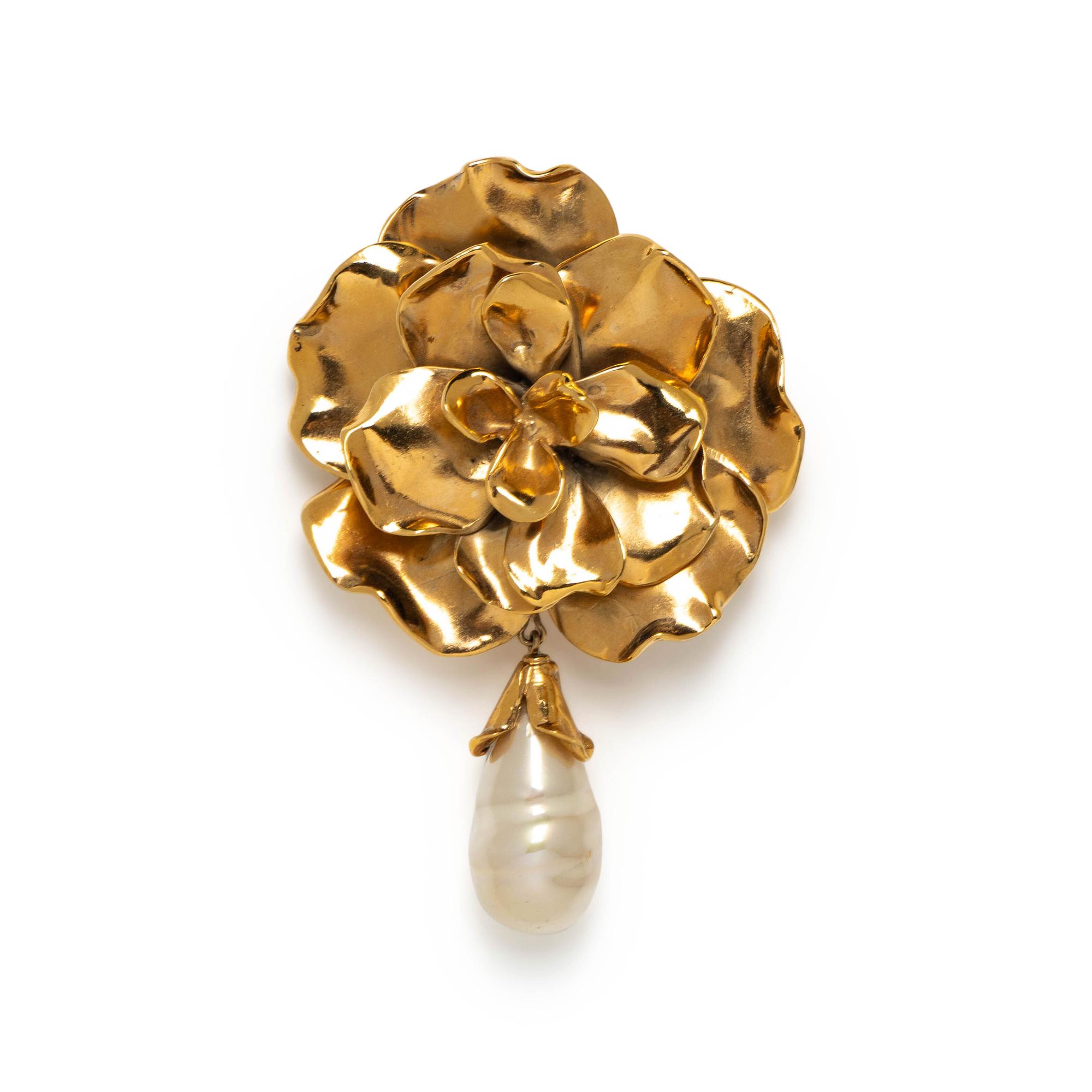 Robert Goossens, Yves Saint Laurent; Large Floral Brooch with Hanging Pearl Bead