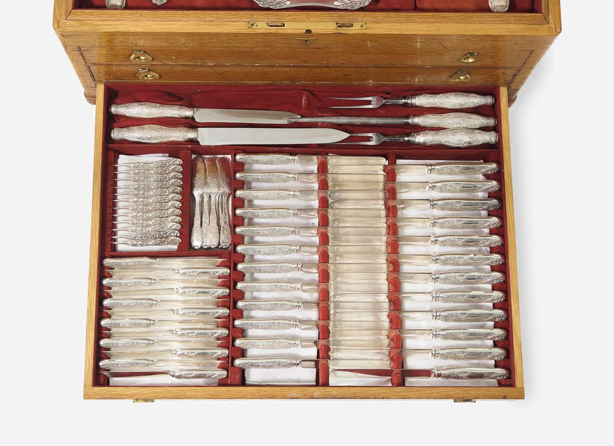 An extensive sterling silver flatware service for twelve in the "Indian Chrysanthemum" pattern, designed by Charles T. Grosjean, Tiffany & Co., New York, NY, circa 1880-1891