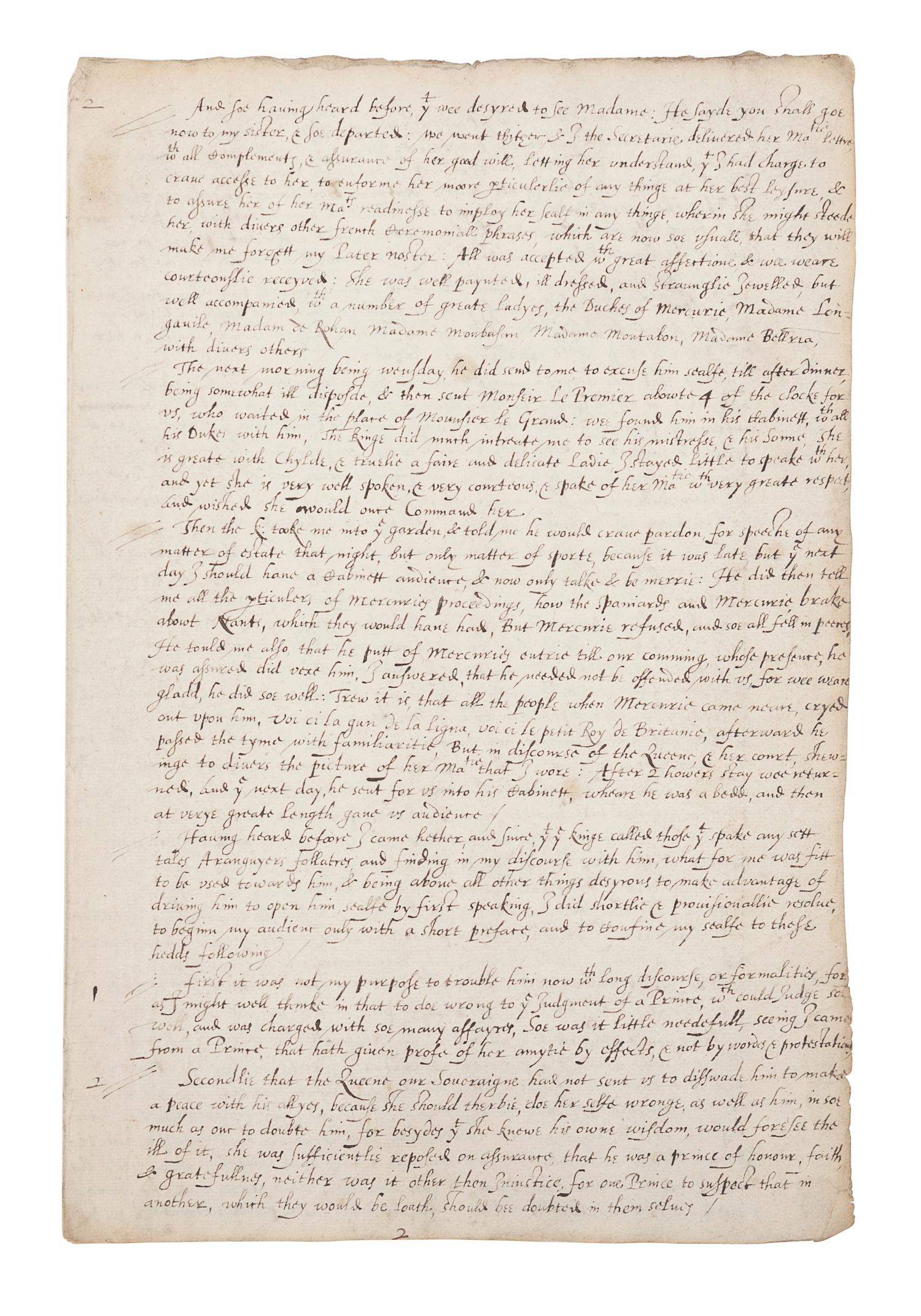 CECIL, Robert, 1st Earl of Salisbury (1563-1612). Manuscript copy of two dispatches by Sir Robert Cecil giving account of his embassy to King Henry IV of France, 23 March 1597 & 27 March 1598. [ca 17th century]. Together 17 pages (302 x 203 mm) on 5 bifolia. Marginal chipping affecting a few letters, creased, some minor soiling.