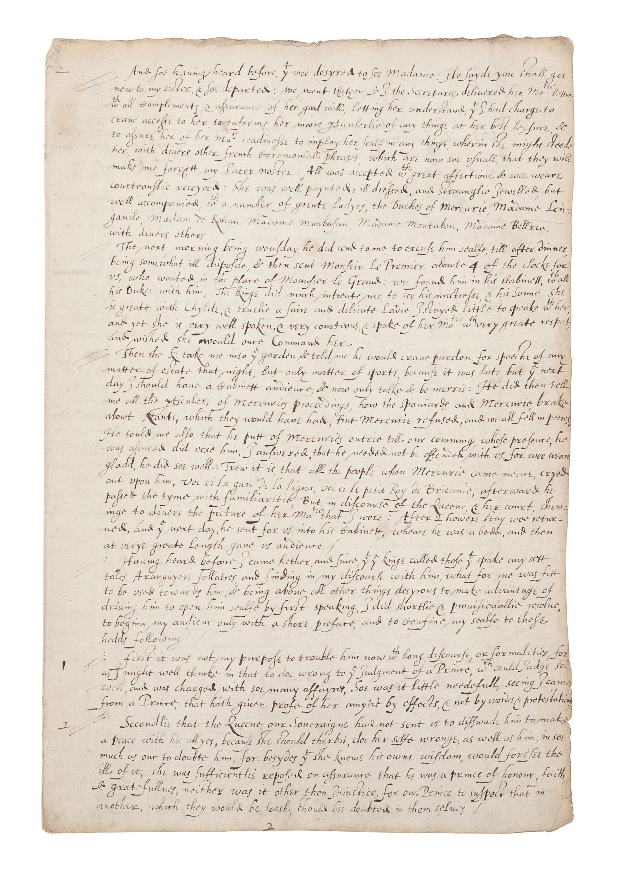 CECIL, Robert, 1st Earl of Salisbury (1563-1612). Manuscript copy of two dispatches by Sir Robert Cecil giving account of his embassy to King Henry IV of France, 23 March 1597 & 27 March 1598. [ca 17th century]. Together 17 pages (302 x 203 mm) on 5 bifolia. Marginal chipping affecting a few letters, creased, some minor soiling.