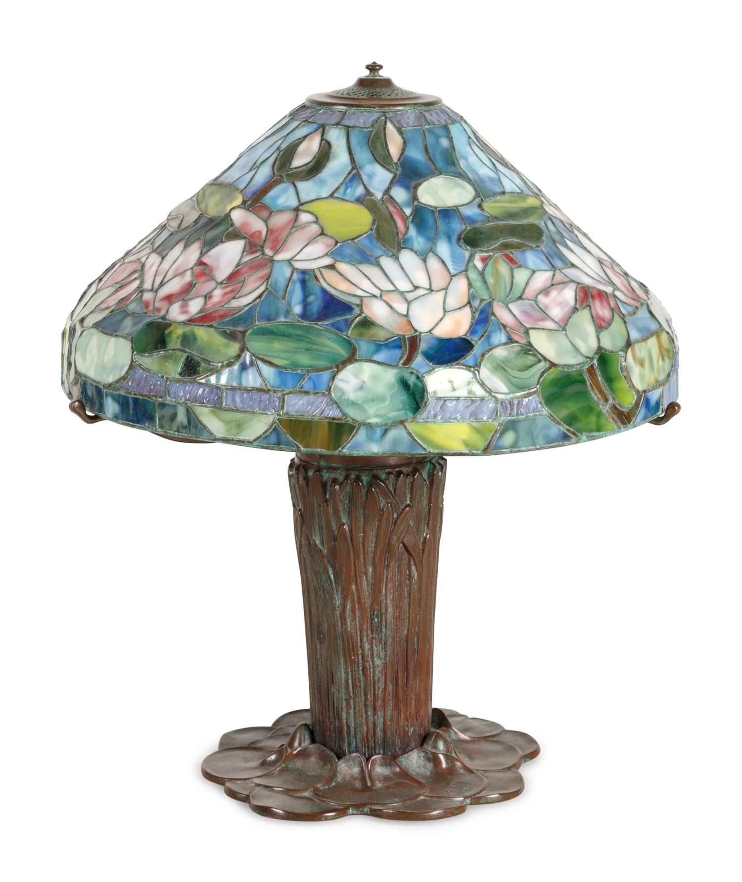 A Leaded Glass and Bronze "Water Lily" Table Lamp