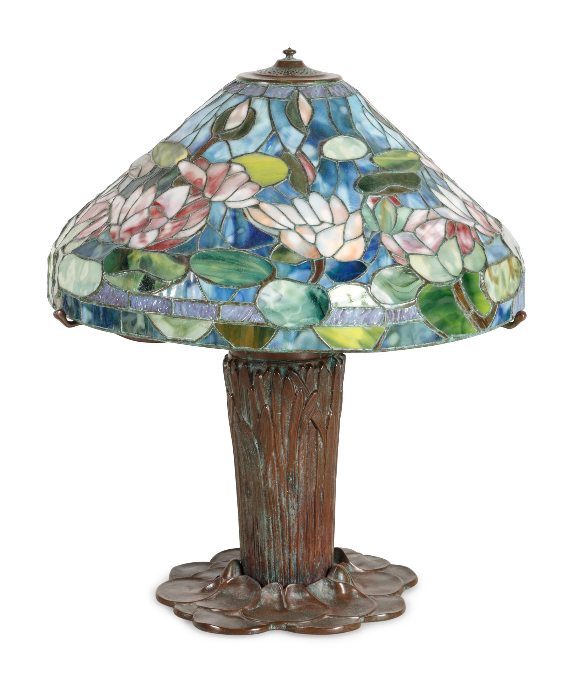 A Leaded Glass and Bronze "Water Lily" Table Lamp