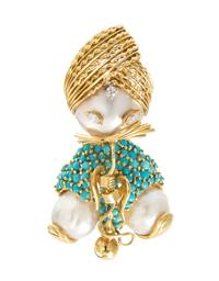 An 18 Karat Yellow Gold, Turquoise, Diamond and Cultured Pearl Swami Brooch, Parisian Dessin, 18.80 dwts.