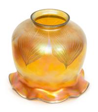 A Handel Bronze Desk Lamp and Two Steuben Aurene Glass Shades