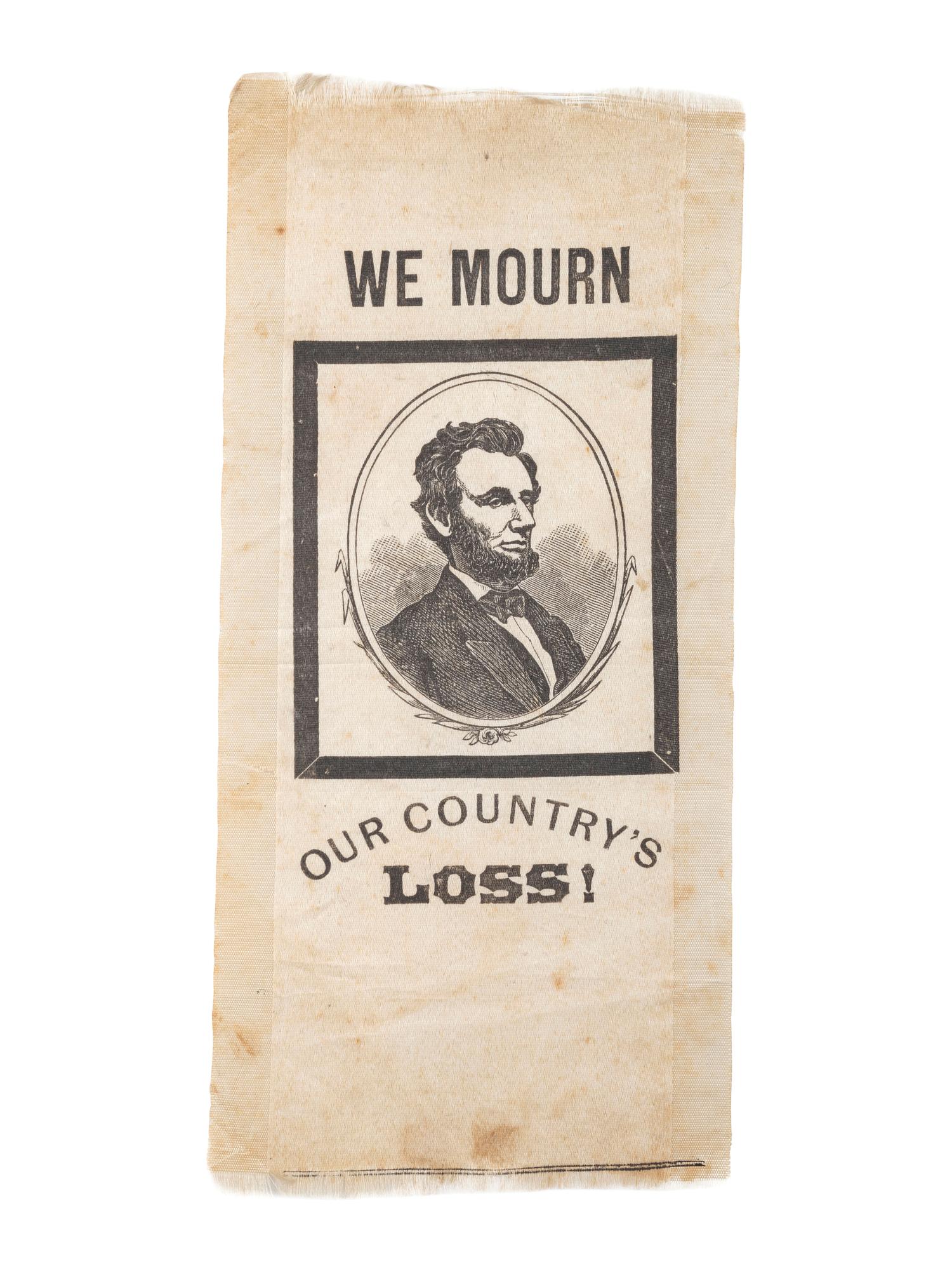[LINCOLN, Abraham (1809-1865)]. Silk ribbon mourning the loss of Lincoln. [ With: ] Newspapers containing coverage of Lincoln's presidency.