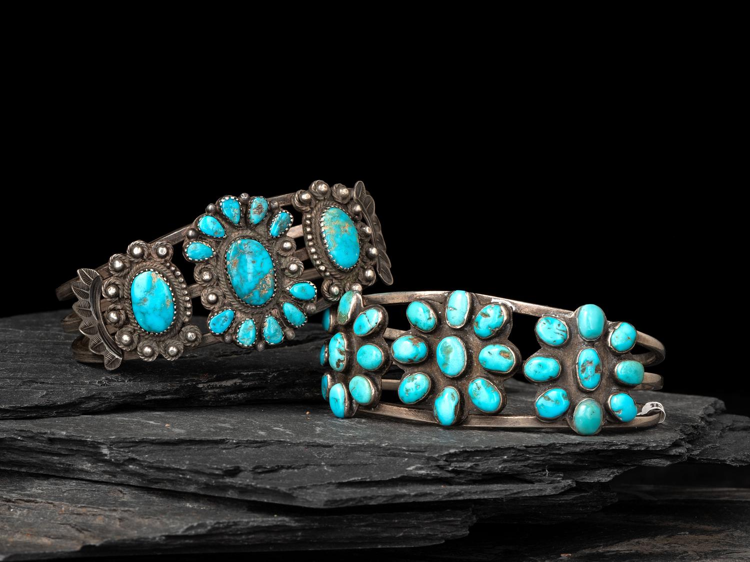 Navajo or Zuni Silver and Turquoise Cluster Cuff Bracelets