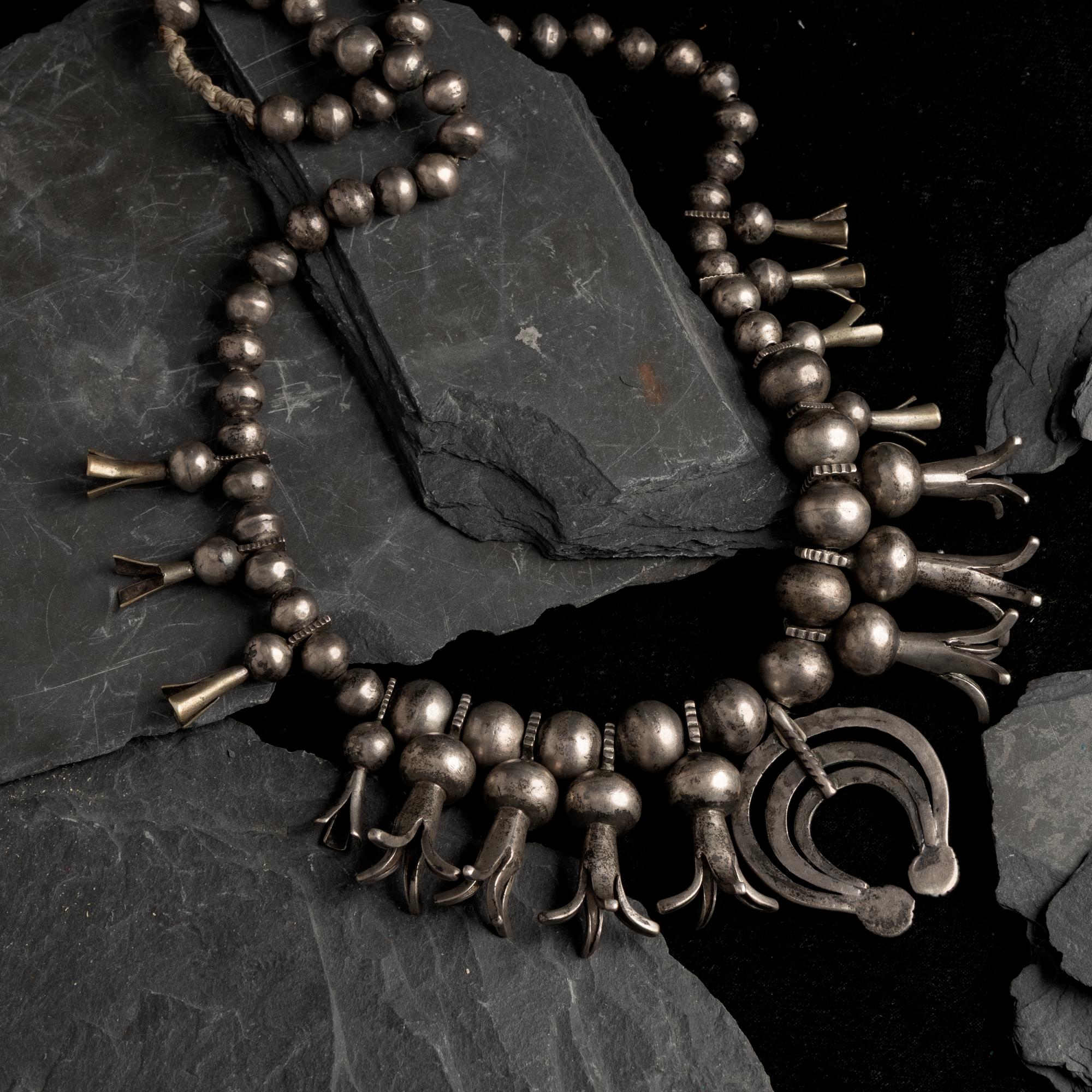 Early Navajo Ingot and Turquoise Squash Blossom Necklace
