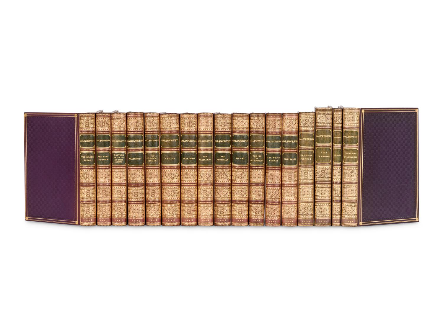 [BINDINGS]. GALSWORTHY, John (1867-1933). A uniformly bound set of his works, all New York. Most FIRST EDITIONS OR FIRST AMERICAN EDITIONS, comprising: