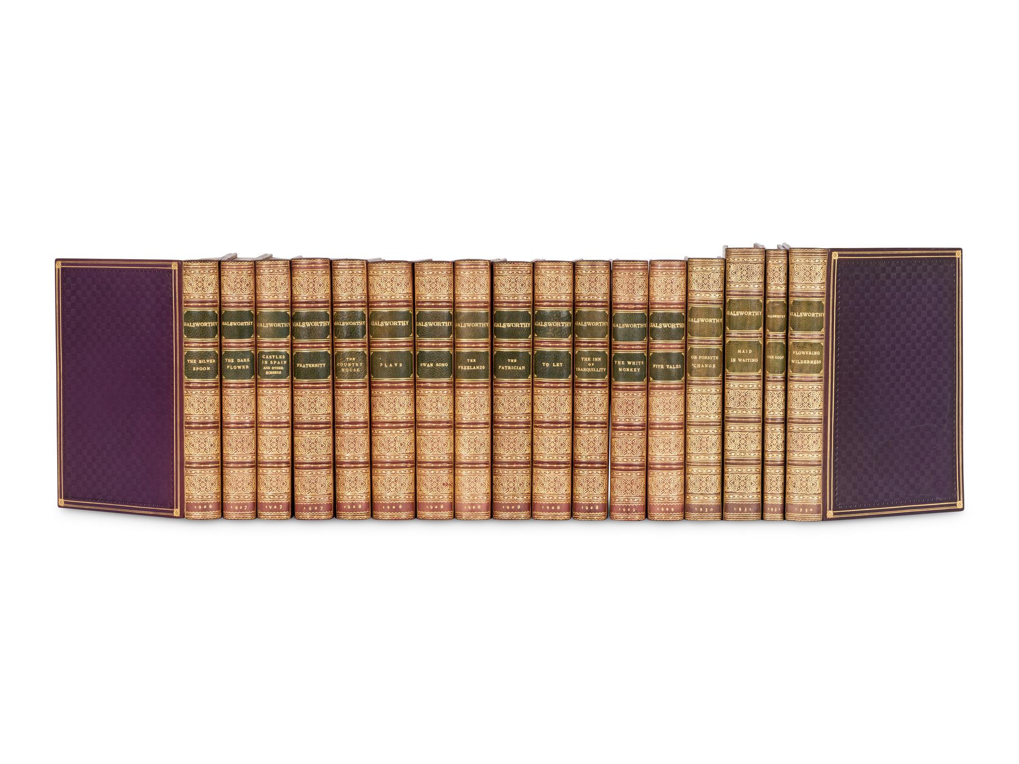 [BINDINGS]. GALSWORTHY, John (1867-1933). A uniformly bound set of his works, all New York. Most FIRST EDITIONS OR FIRST AMERICAN EDITIONS, comprising: