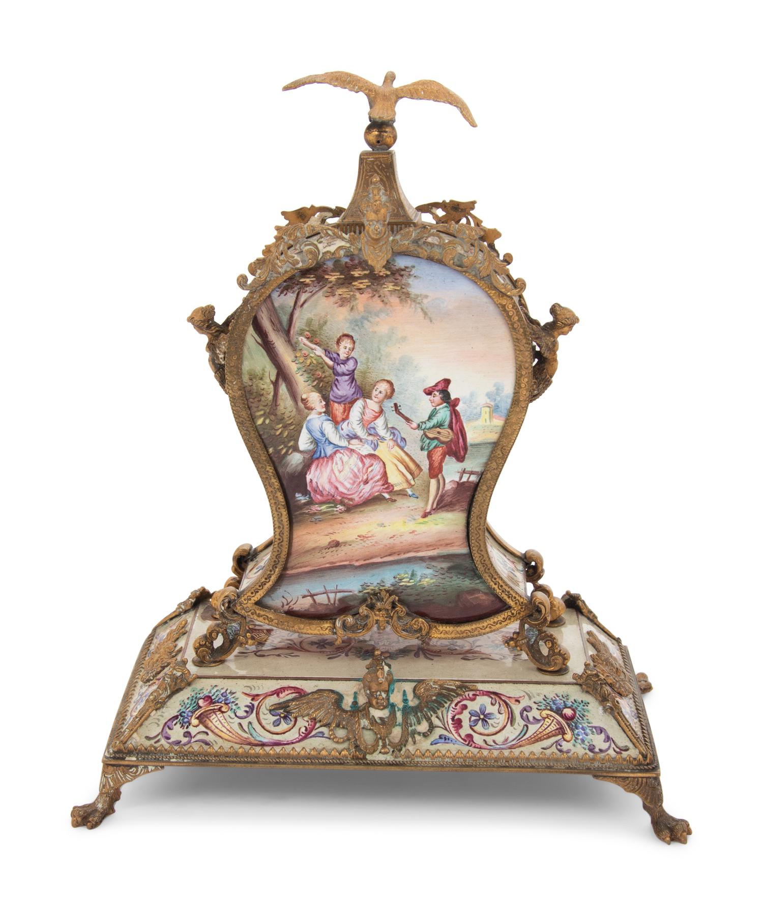 A Continental Gilt Metal and Enamel Table Clock
