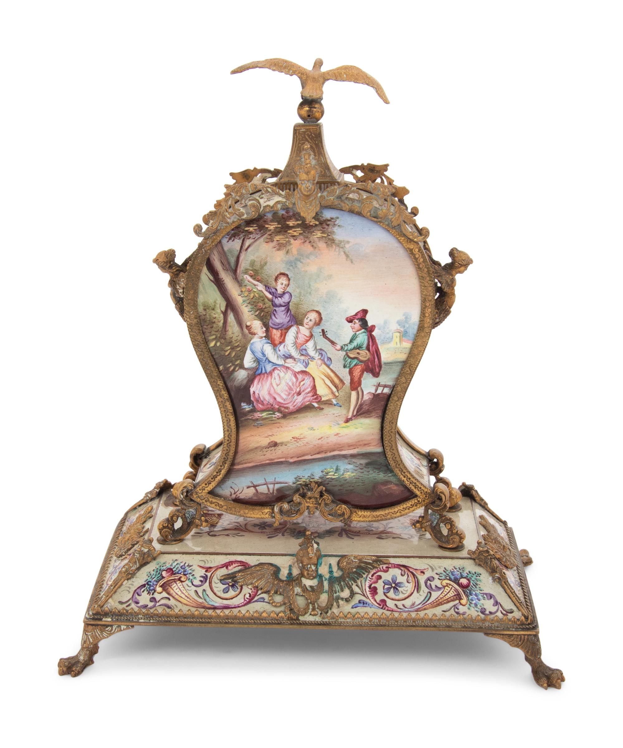 A Continental Gilt Metal and Enamel Table Clock