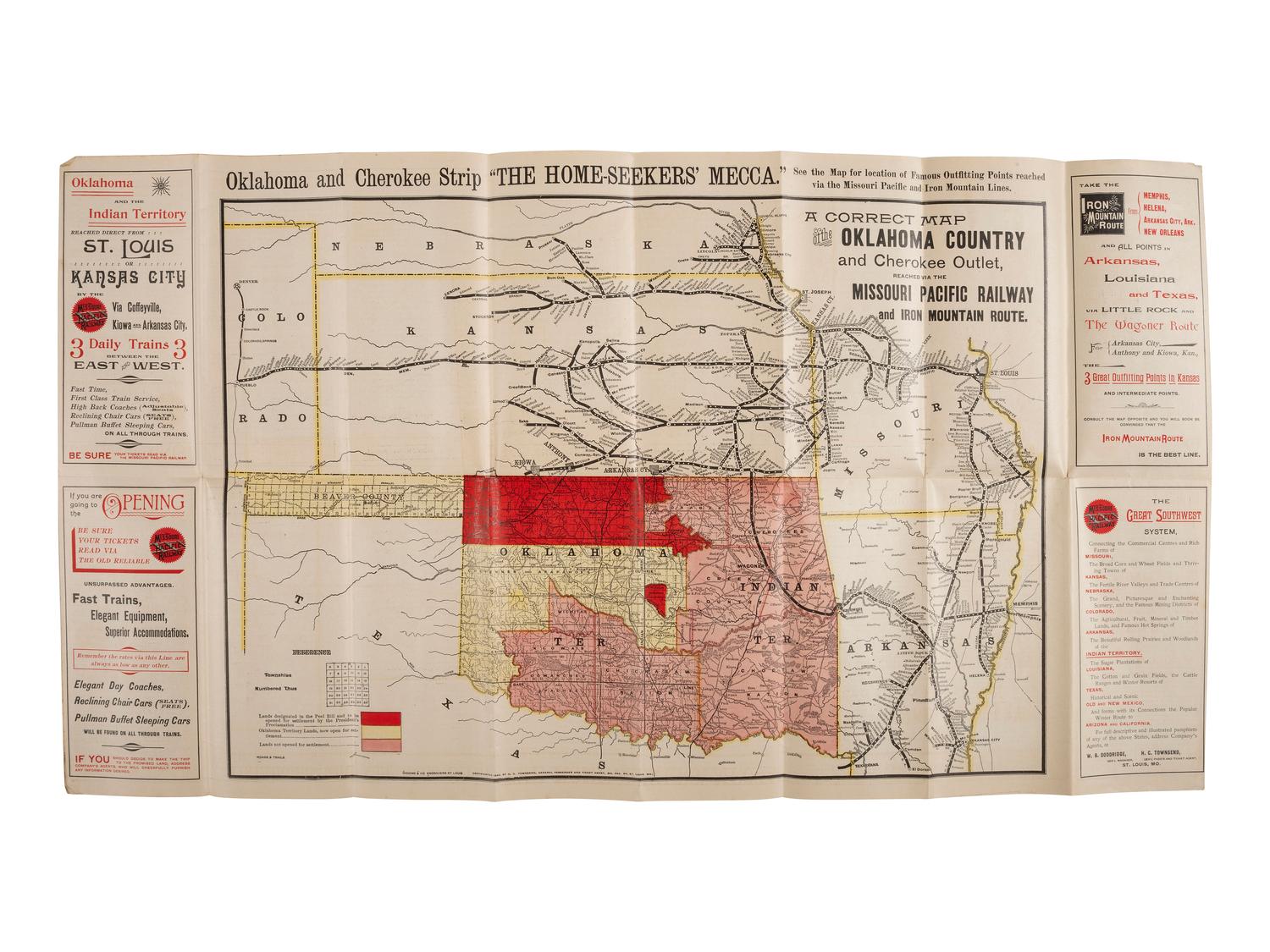 [MAPS -- OKLAHOMA LAND RUSH]. Oklahoma And The Cherokee Strip Reached Via The Missouri Pacific Railway And Iron Mountain Route “The Canaan Of The Home-Seeker.” St. Louis, MO: Woodward & Tiernan Printing Co., 1889.