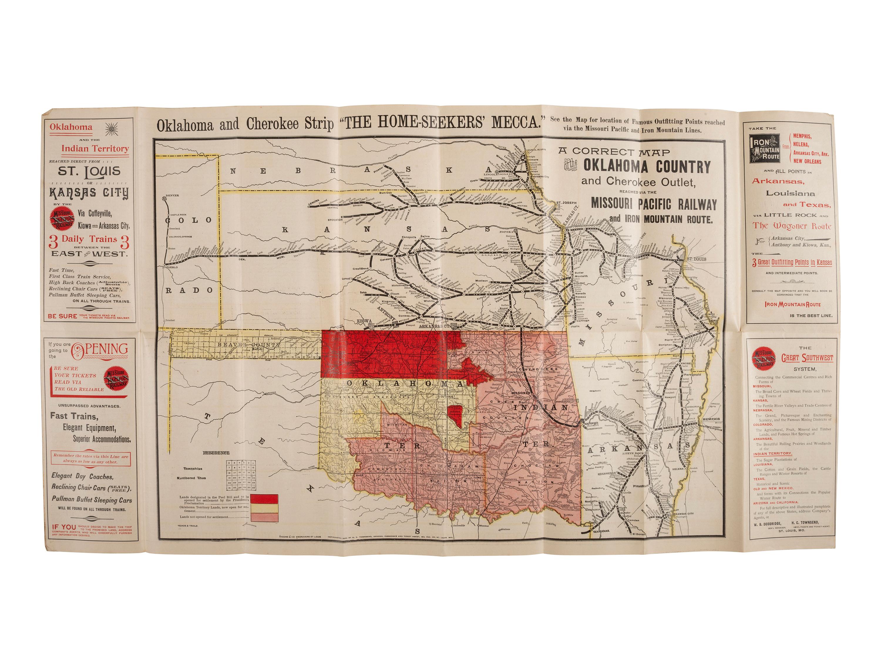 [MAPS -- OKLAHOMA LAND RUSH]. Oklahoma And The Cherokee Strip Reached Via The Missouri Pacific Railway And Iron Mountain Route “The Canaan Of The Home-Seeker.” St. Louis, MO: Woodward & Tiernan Printing Co., 1889.